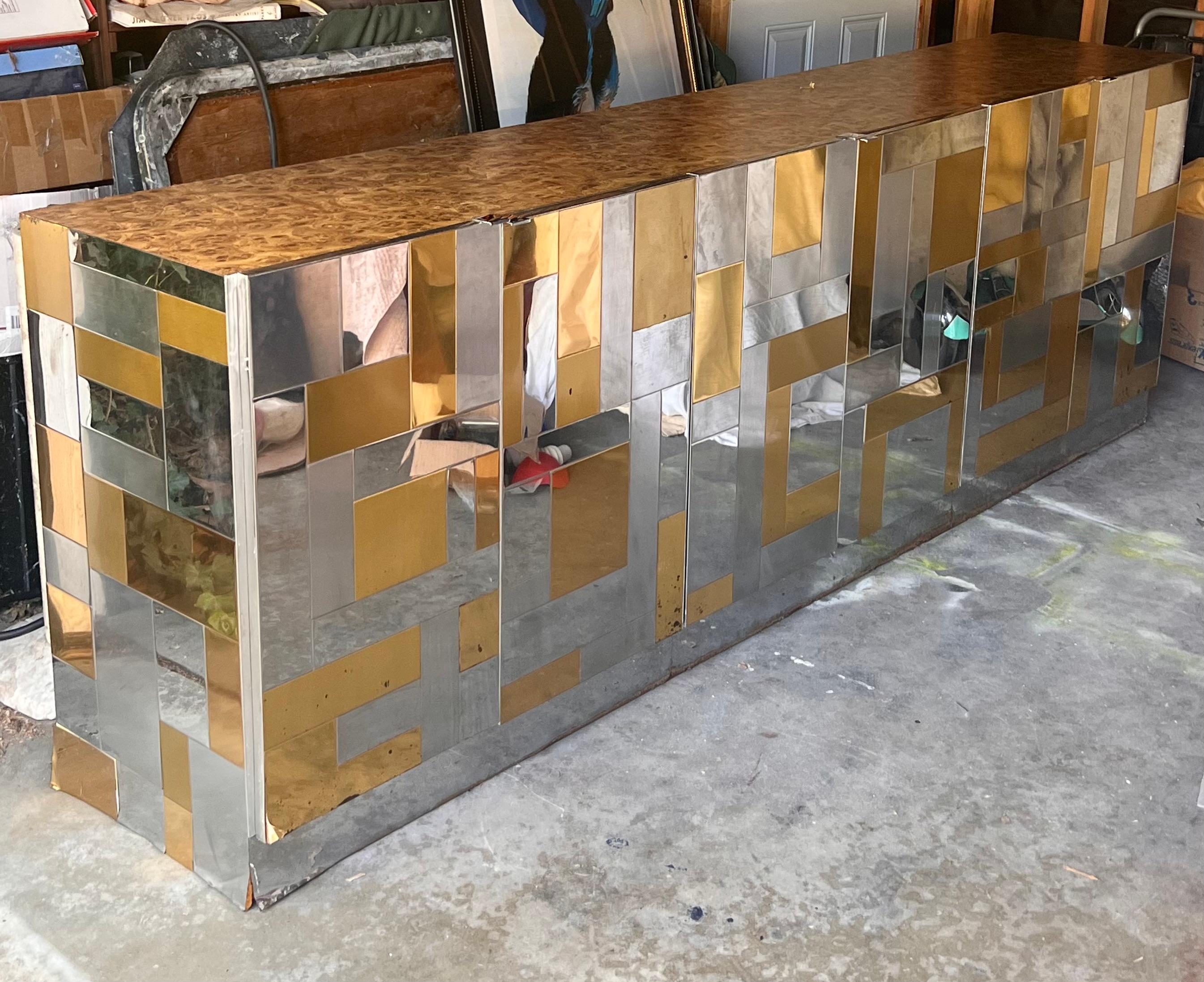 Rare monumental Cityscape credenza with burl top attr. Paul Evans, circa 1975 1
