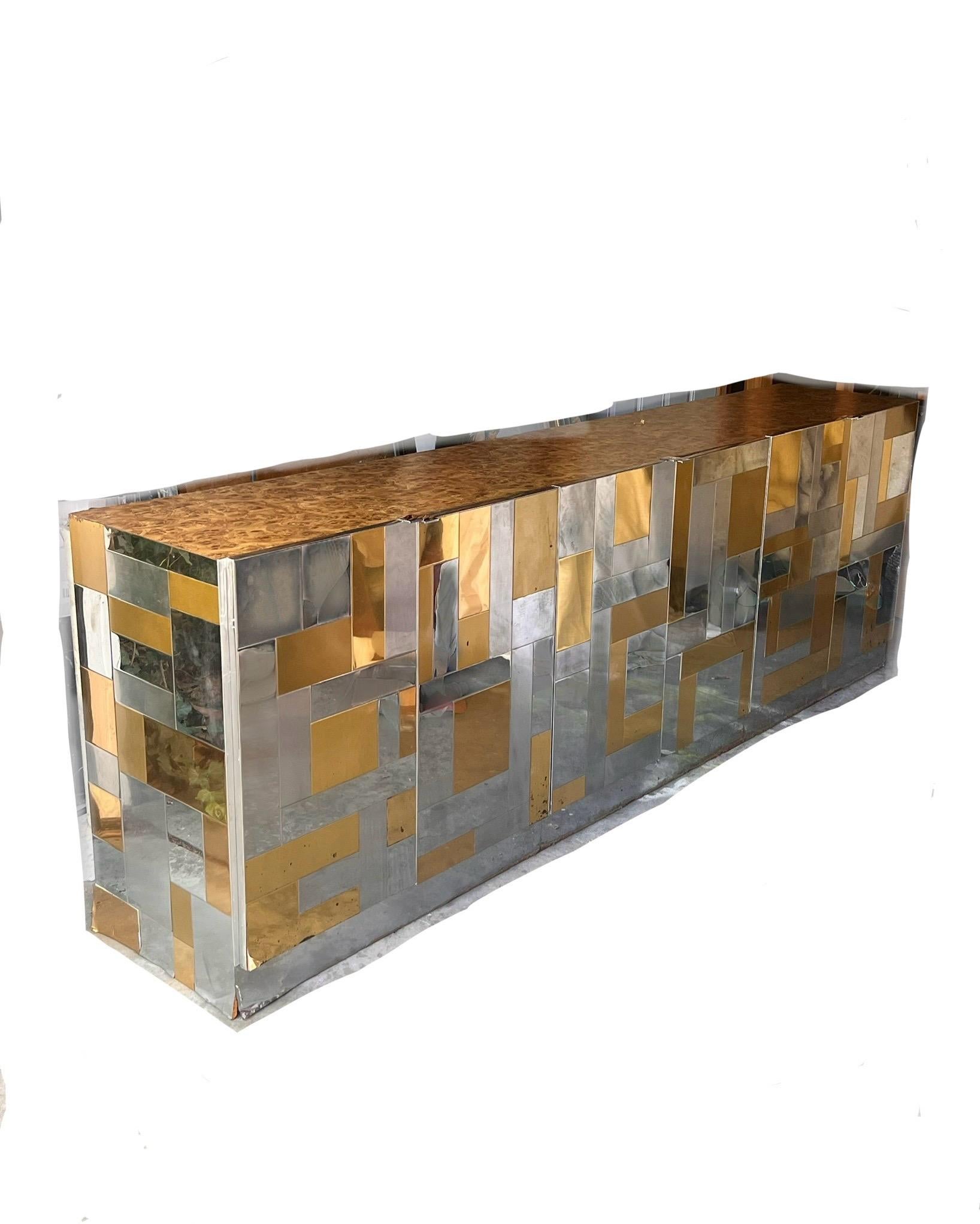 Rare monumental Cityscape credenza with burl top attr. Paul Evans, circa 1975 2