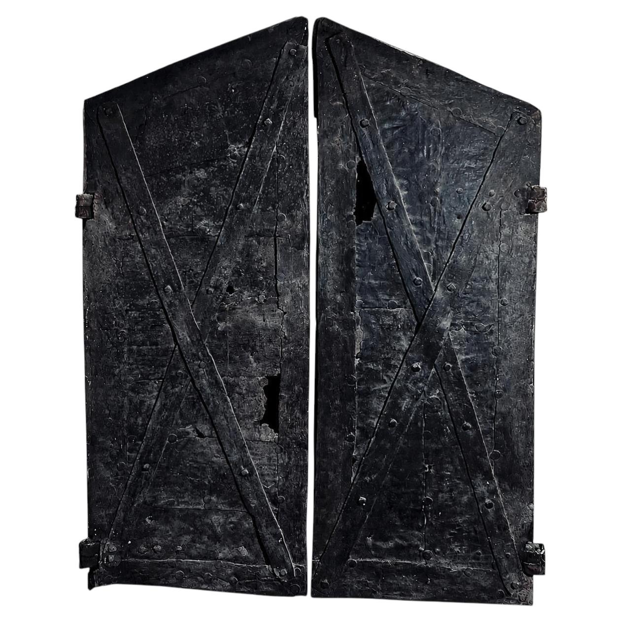 Rare Monumental French Gothic All-Wrought Iron Double Castle Door For Sale