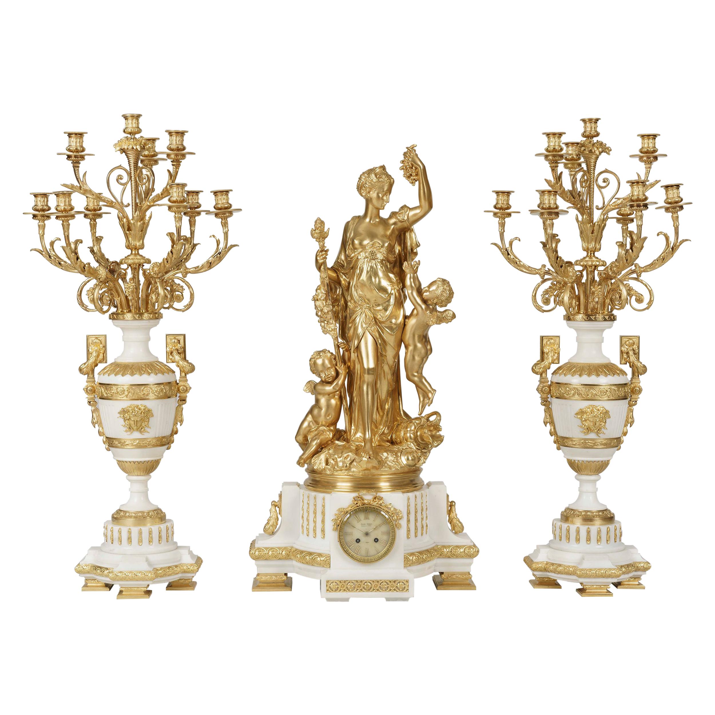 Rare Monumental Marble and Gilt Bronze Clock Set by Jules Graux of Paris For Sale