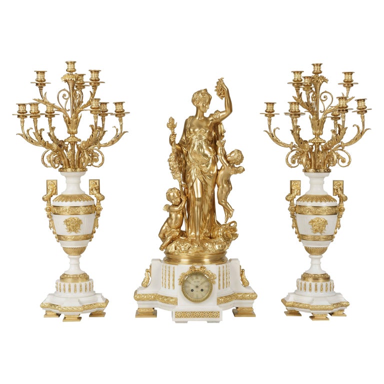 Rare Monumental Marble and Gilt Bronze Clock Set by Jules Graux of Paris For Sale