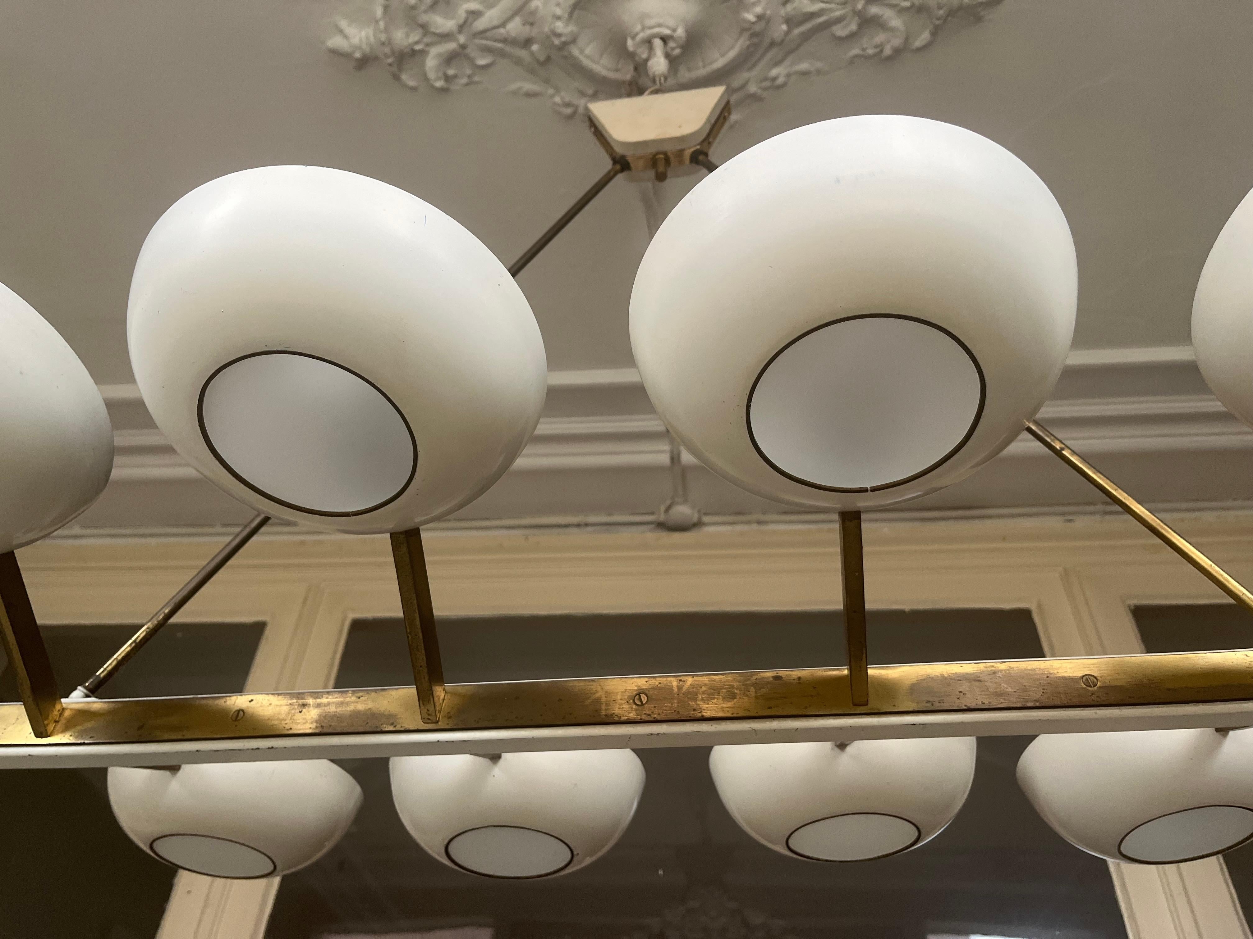 Rare Monumental Stilnovo Brass and Cream White Metal Chandelier, Italy, 1950s For Sale 8