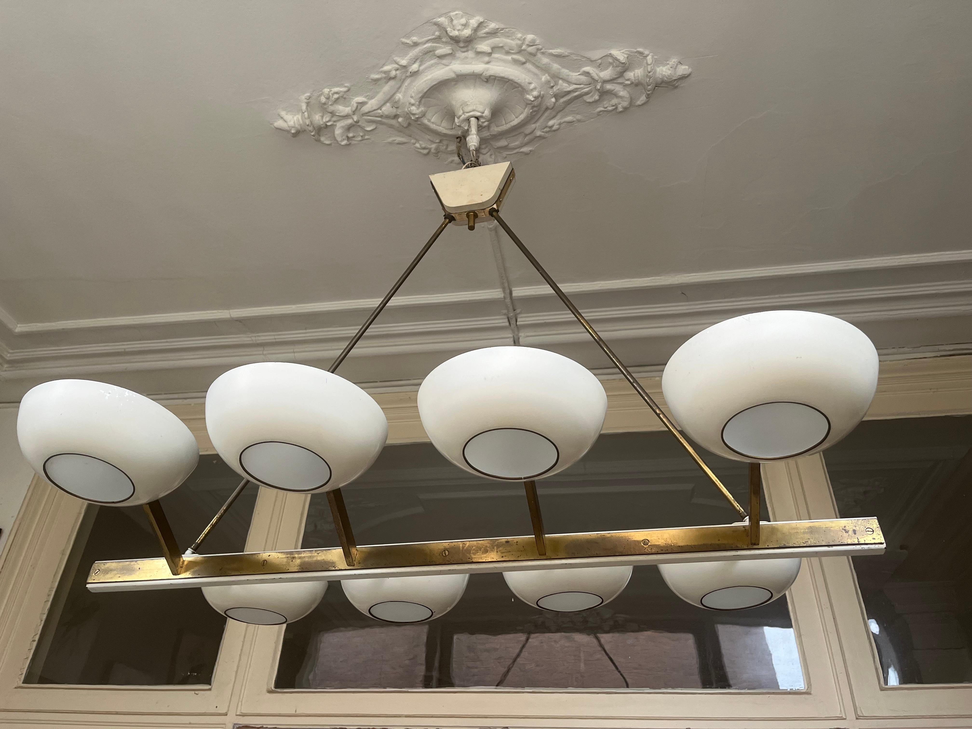 Rare Monumental Stilnovo Brass and Cream White Metal Chandelier, Italy, 1950s For Sale 9