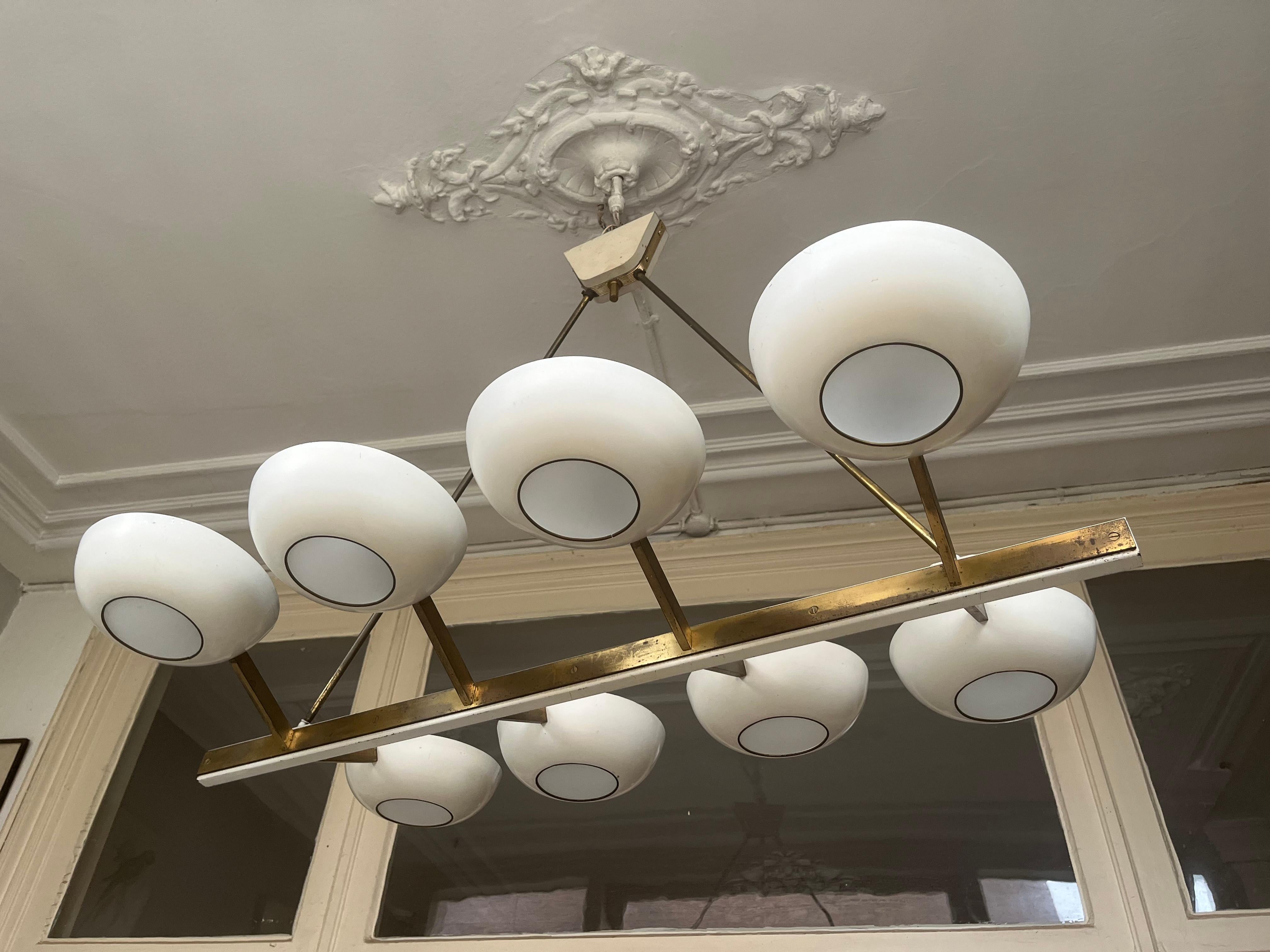 Rare Monumental Stilnovo Brass and Cream White Metal Chandelier, Italy, 1950s For Sale 10