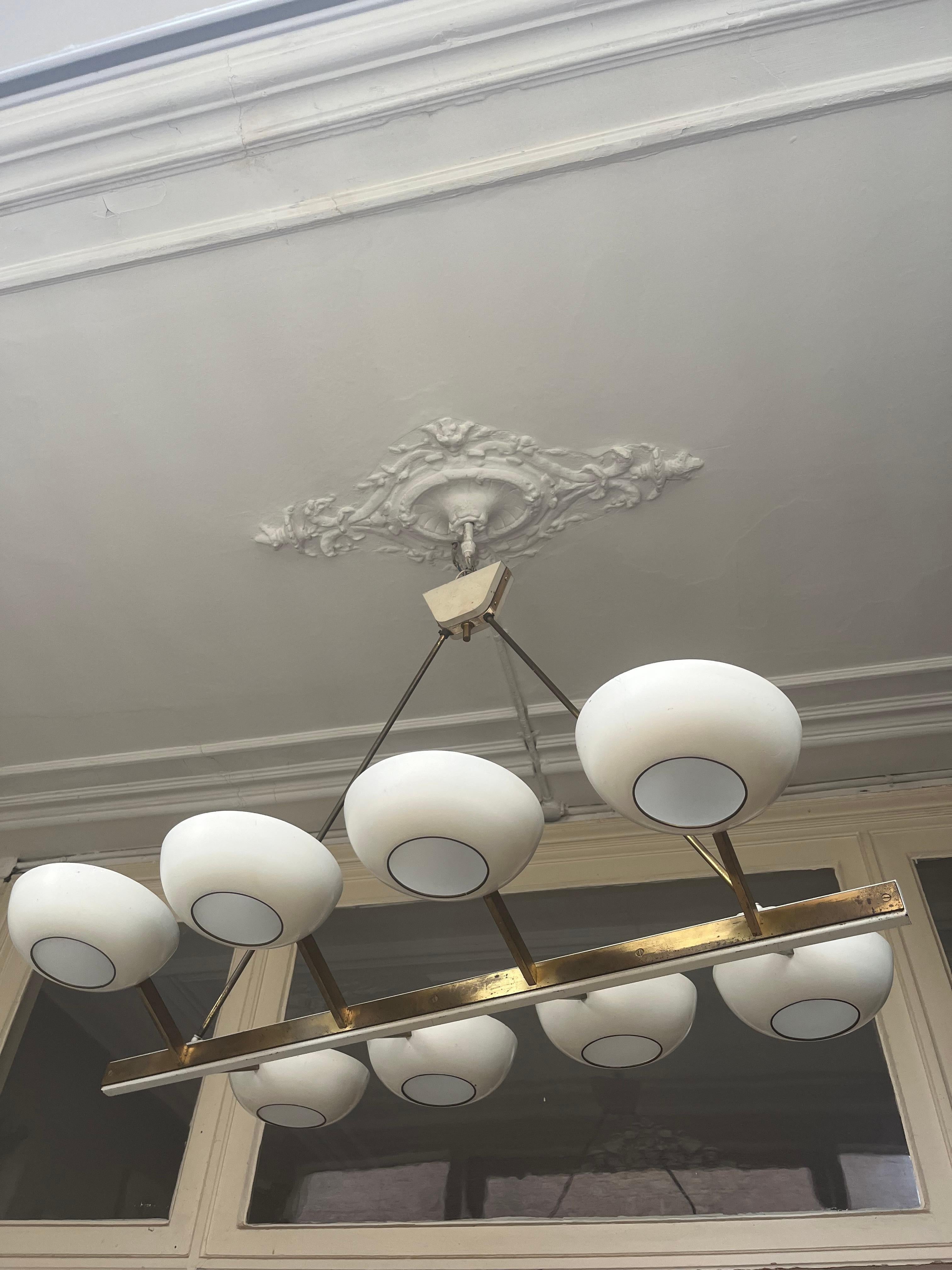 Rare Monumental Stilnovo Brass and Cream White Metal Chandelier, Italy, 1950s For Sale 11
