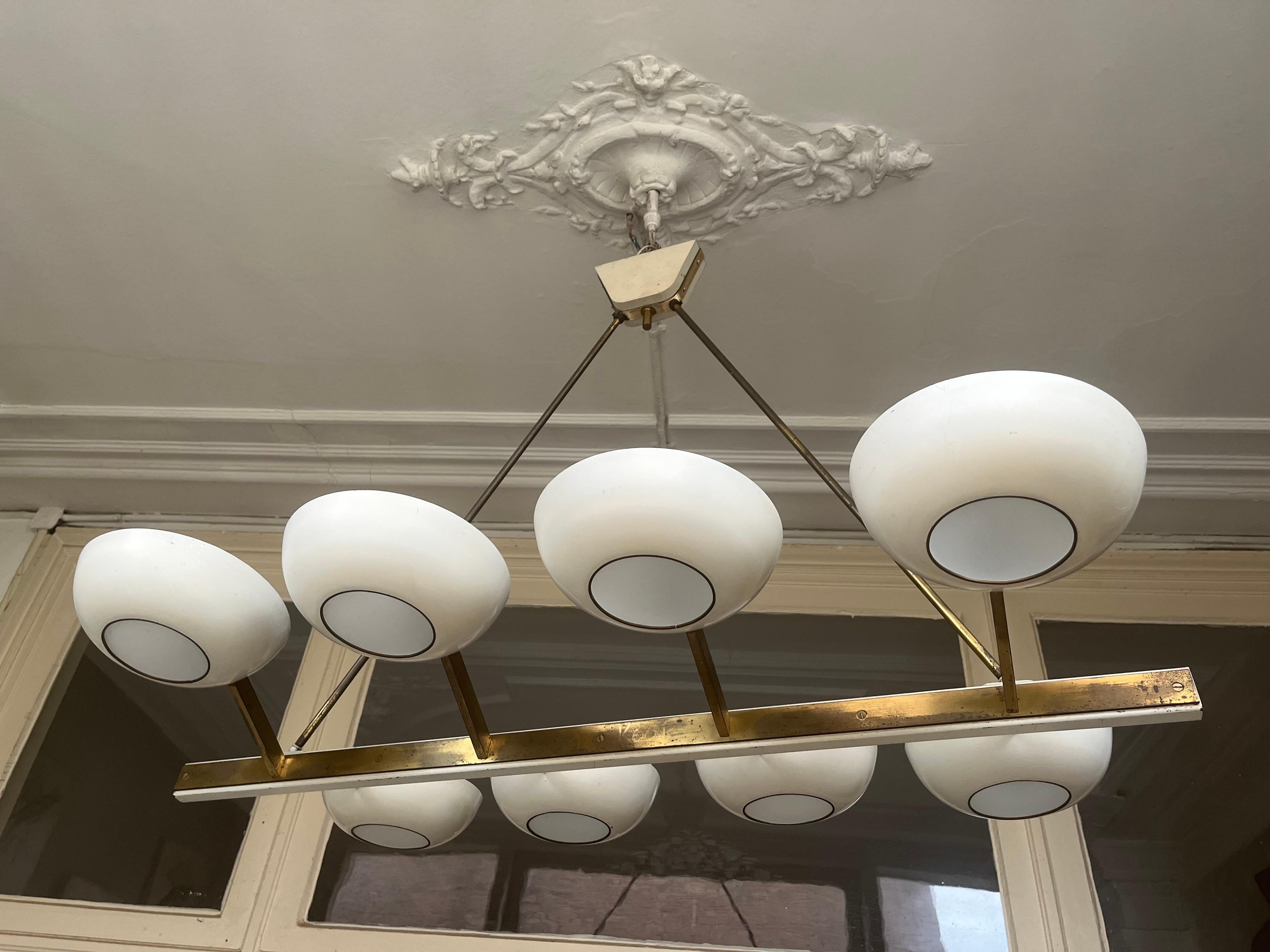 Rare Monumental Stilnovo Brass and Cream White Metal Chandelier, Italy, 1950s For Sale 12