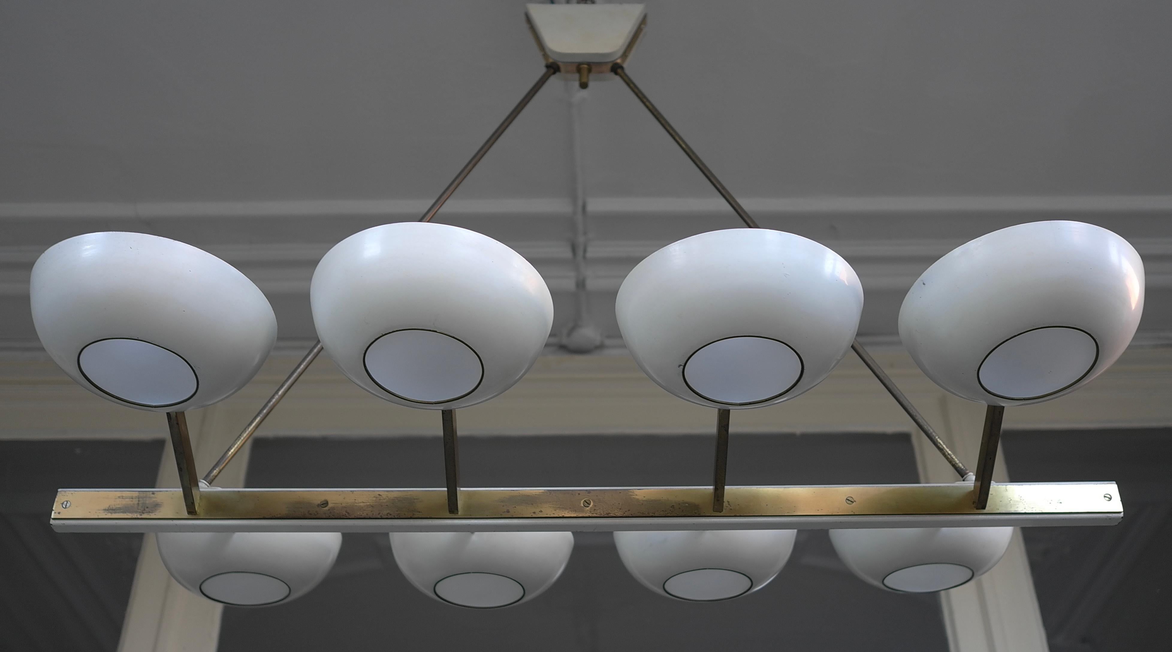 Italian Rare Monumental Stilnovo Brass and Cream White Metal Chandelier, Italy, 1950s For Sale