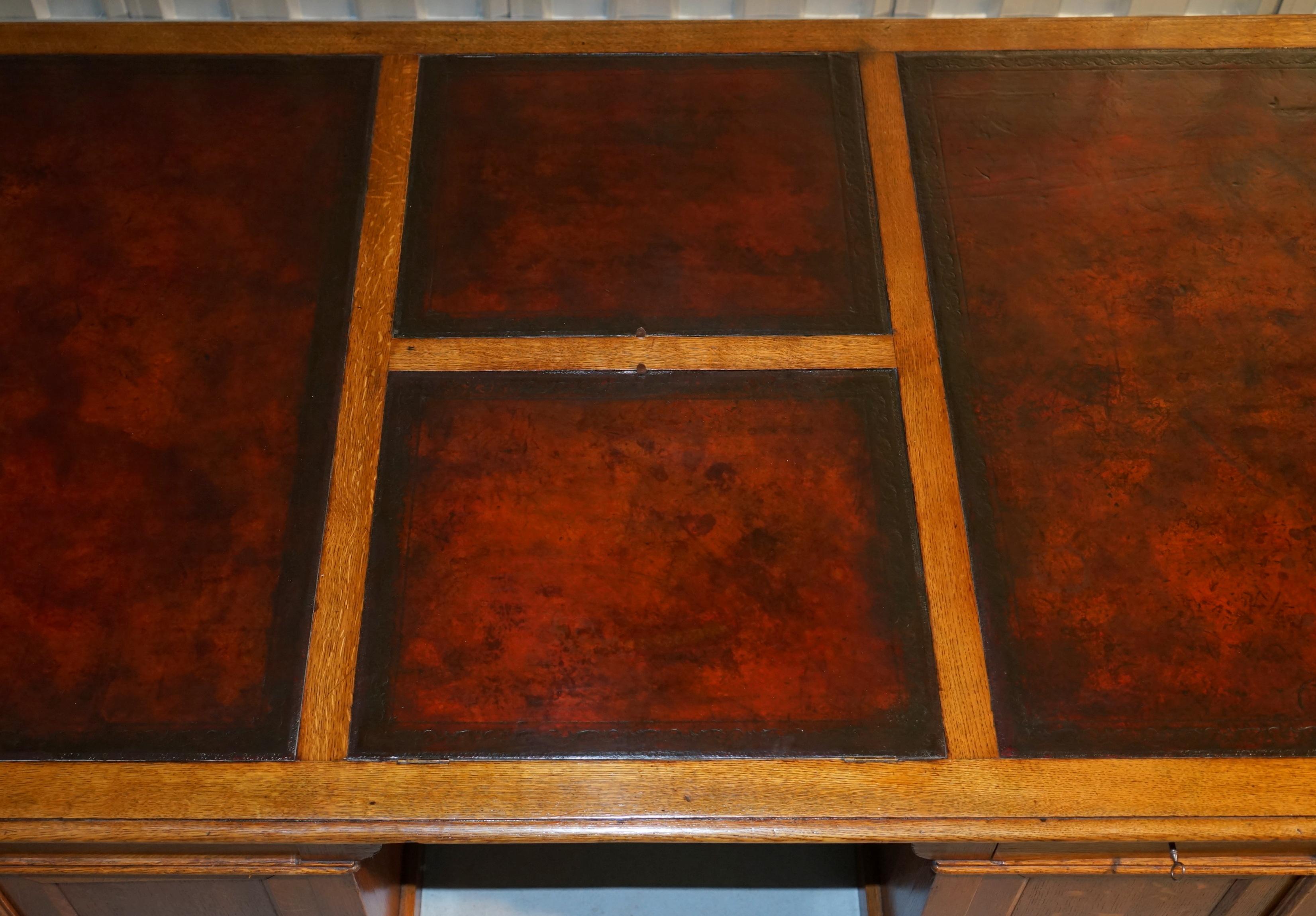 Rare Monumental Victorian Restored Oak Brown Leather Partner Desk Writing Slopes 5