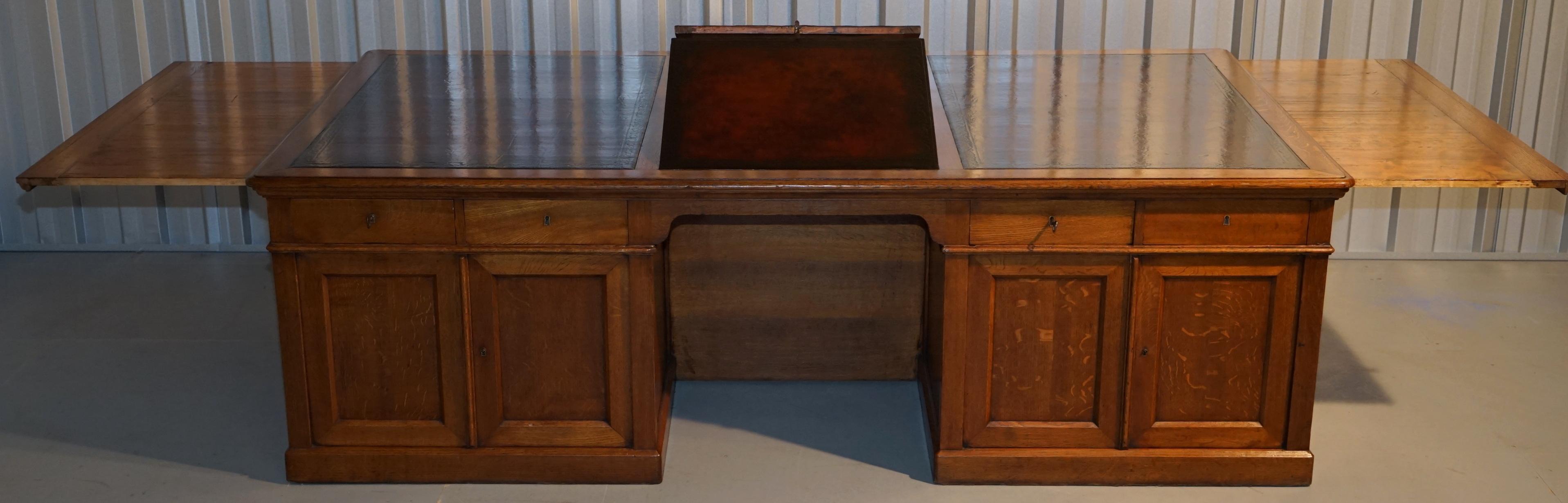 Rare Monumental Victorian Restored Oak Brown Leather Partner Desk Writing Slopes 7