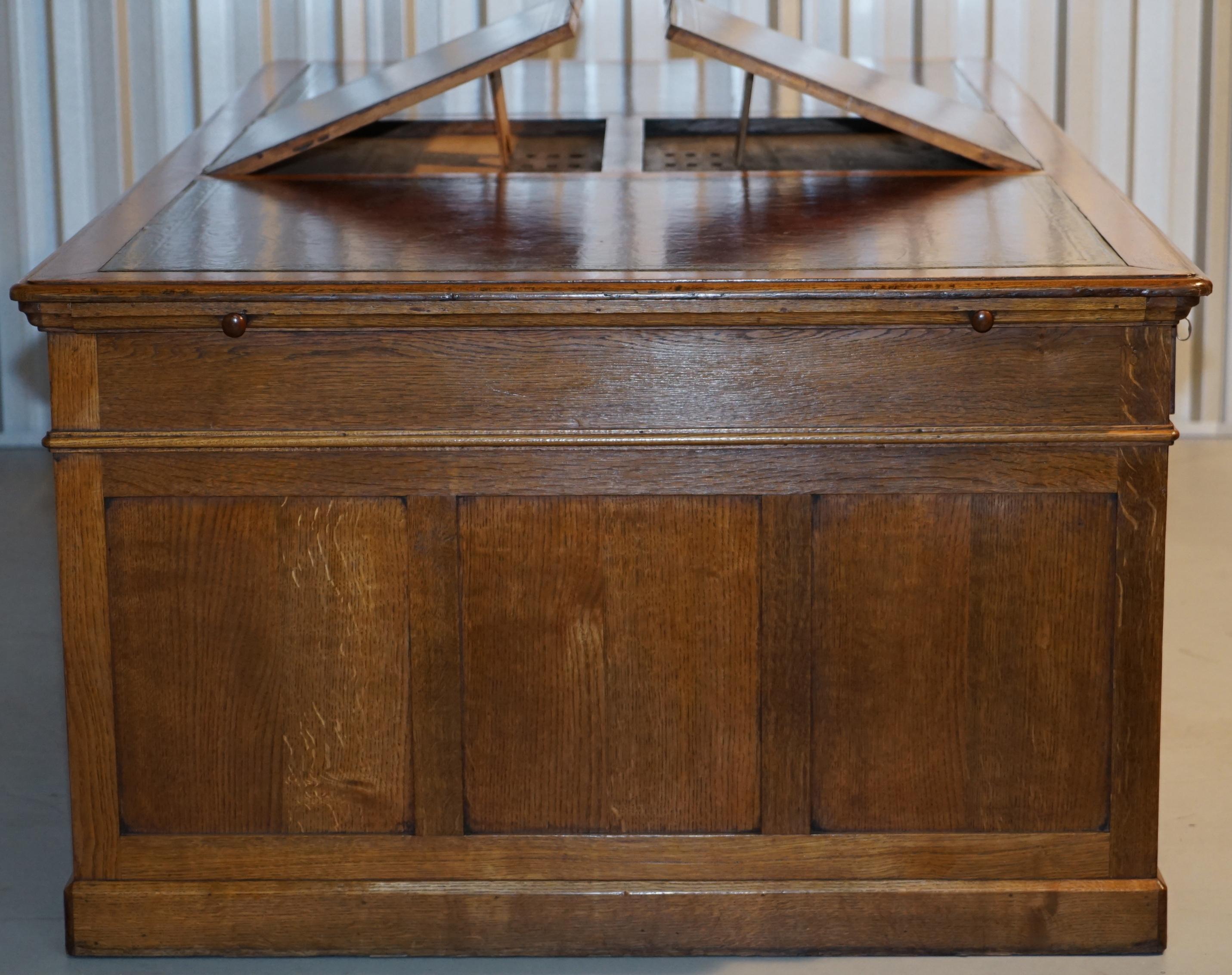 Rare Monumental Victorian Restored Oak Brown Leather Partner Desk Writing Slopes 9