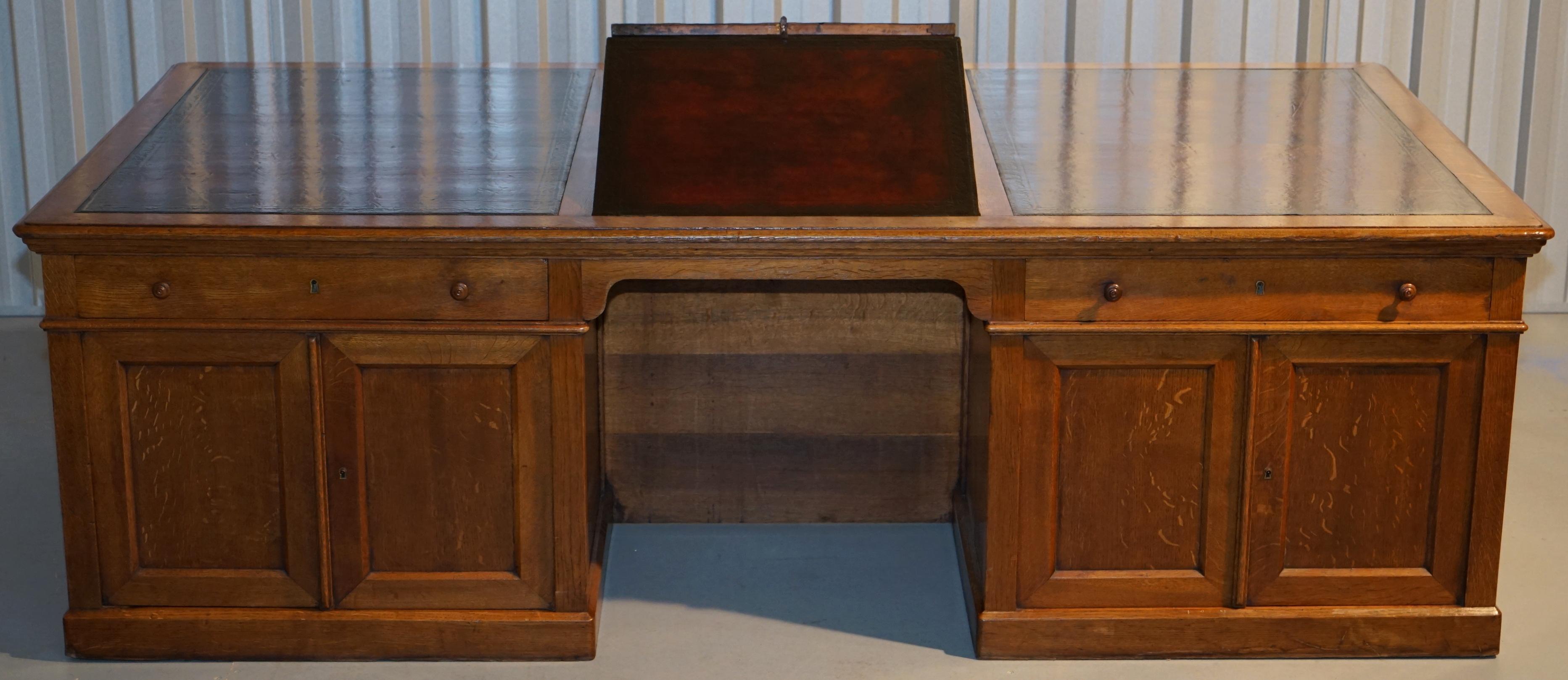 Rare Monumental Victorian Restored Oak Brown Leather Partner Desk Writing Slopes 10