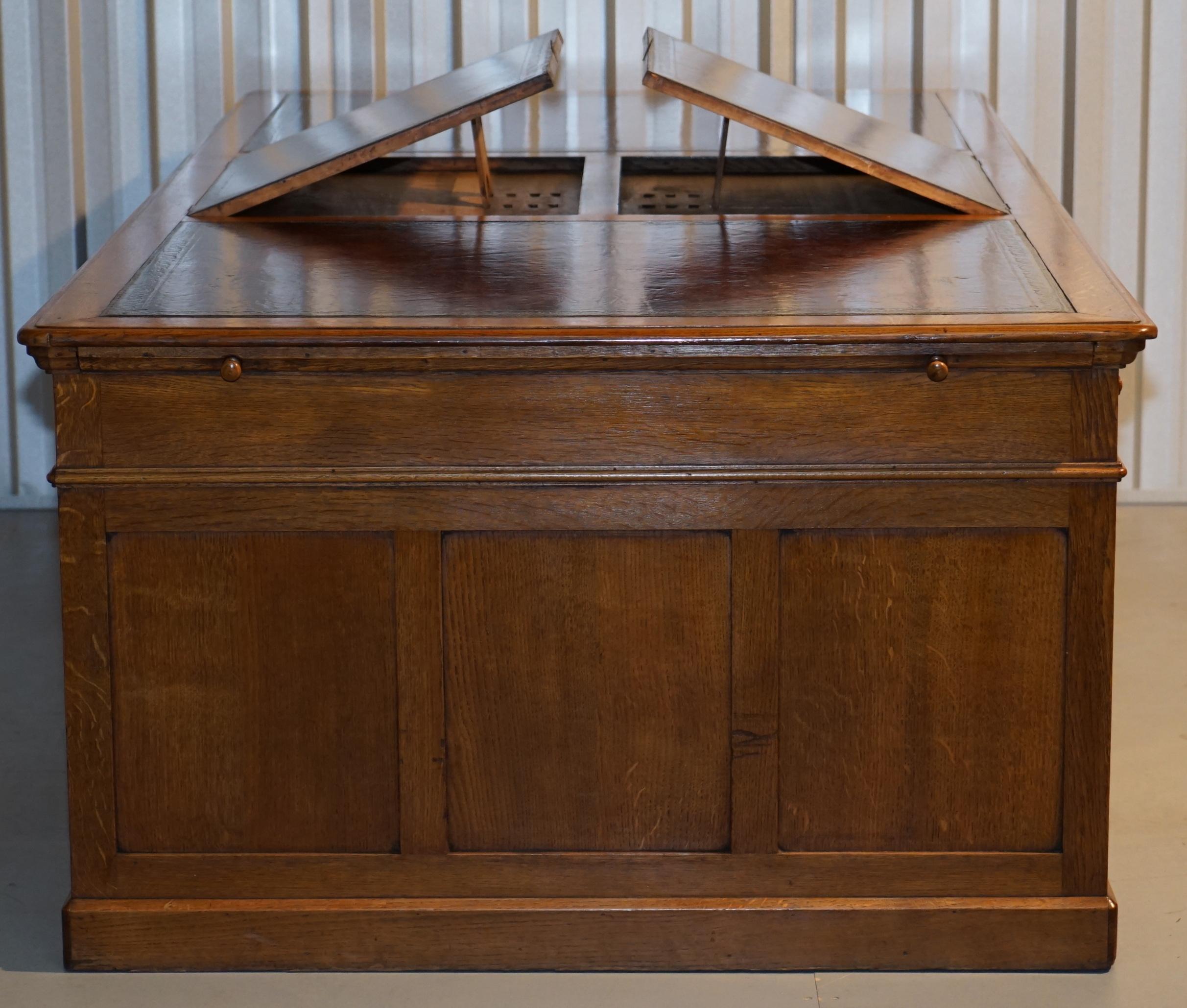 Rare Monumental Victorian Restored Oak Brown Leather Partner Desk Writing Slopes 11