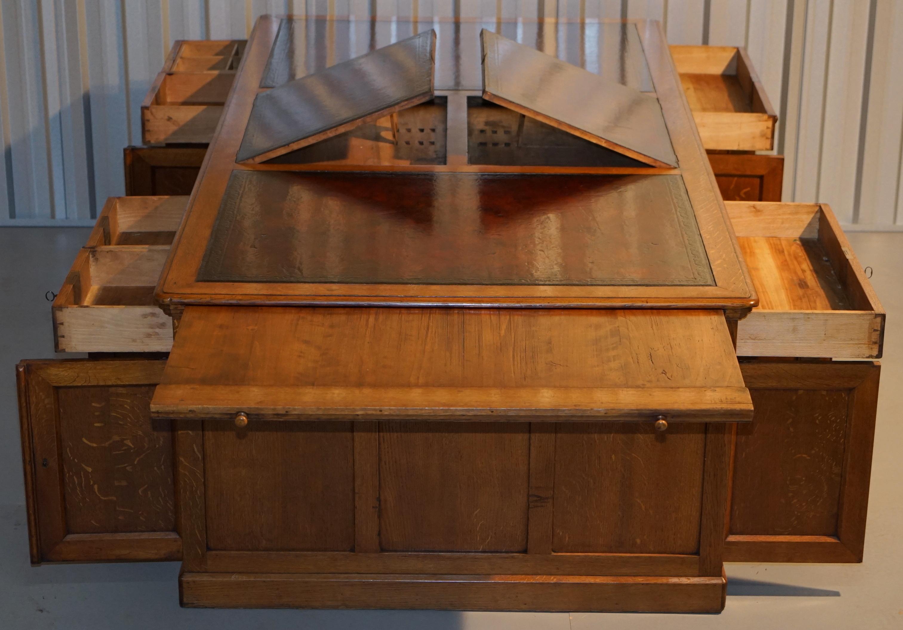 Rare Monumental Victorian Restored Oak Brown Leather Partner Desk Writing Slopes 12