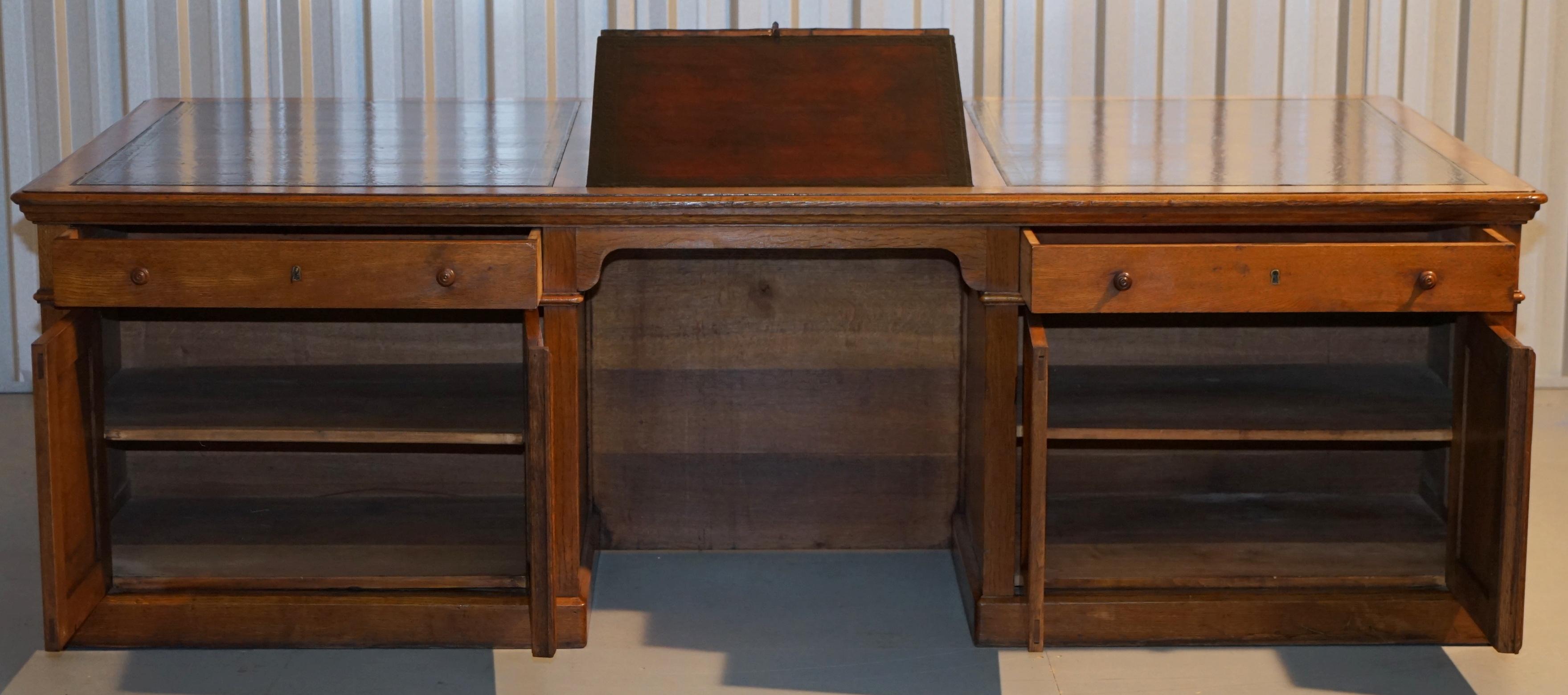 Rare Monumental Victorian Restored Oak Brown Leather Partner Desk Writing Slopes 13