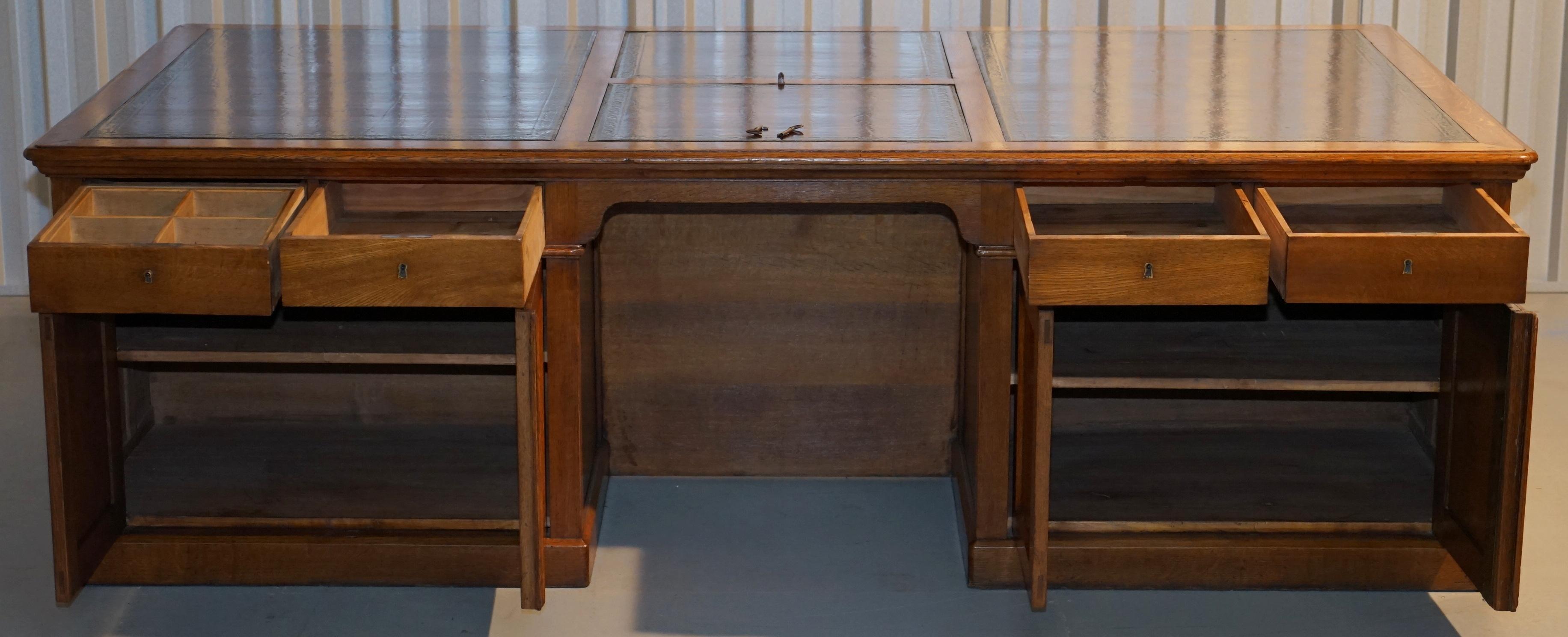 Rare Monumental Victorian Restored Oak Brown Leather Partner Desk Writing Slopes 15