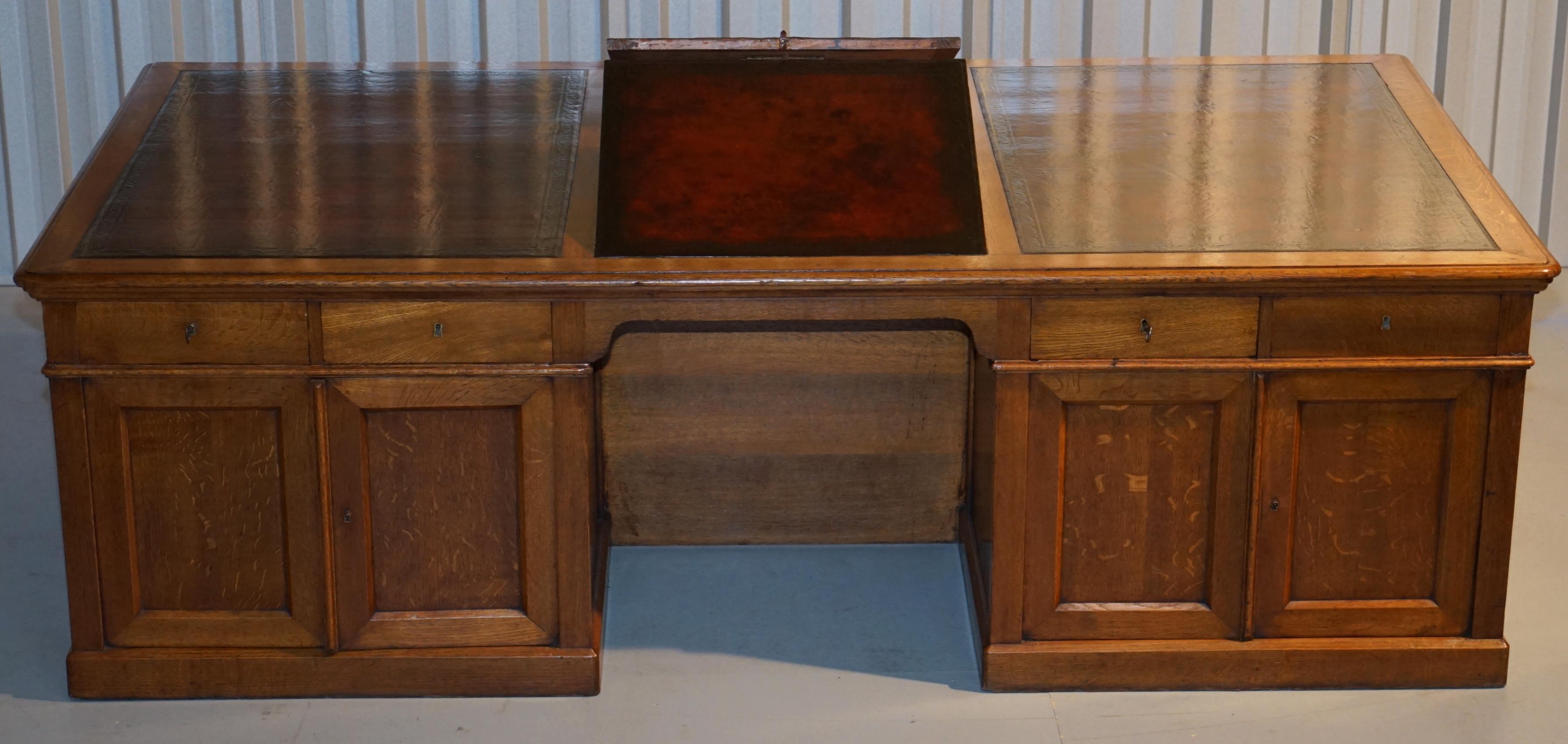 Hand-Crafted Rare Monumental Victorian Restored Oak Brown Leather Partner Desk Writing Slopes