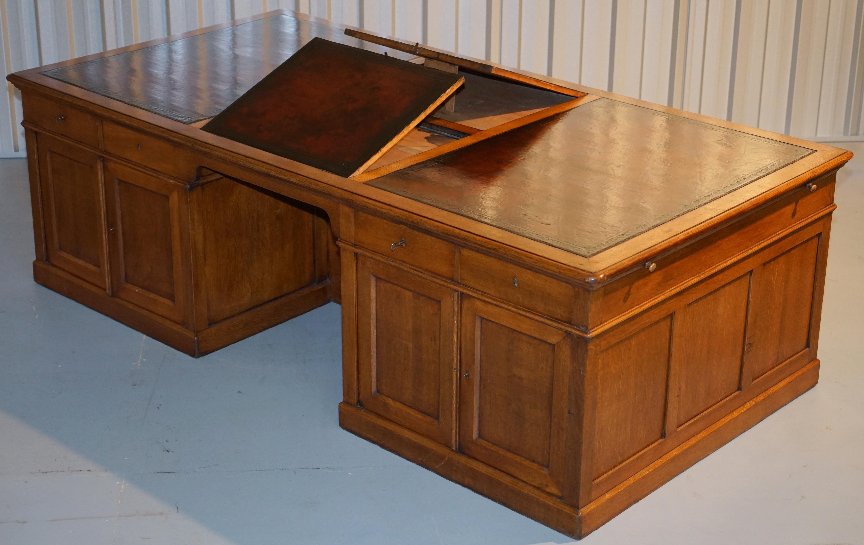 19th Century Rare Monumental Victorian Restored Oak Brown Leather Partner Desk Writing Slopes