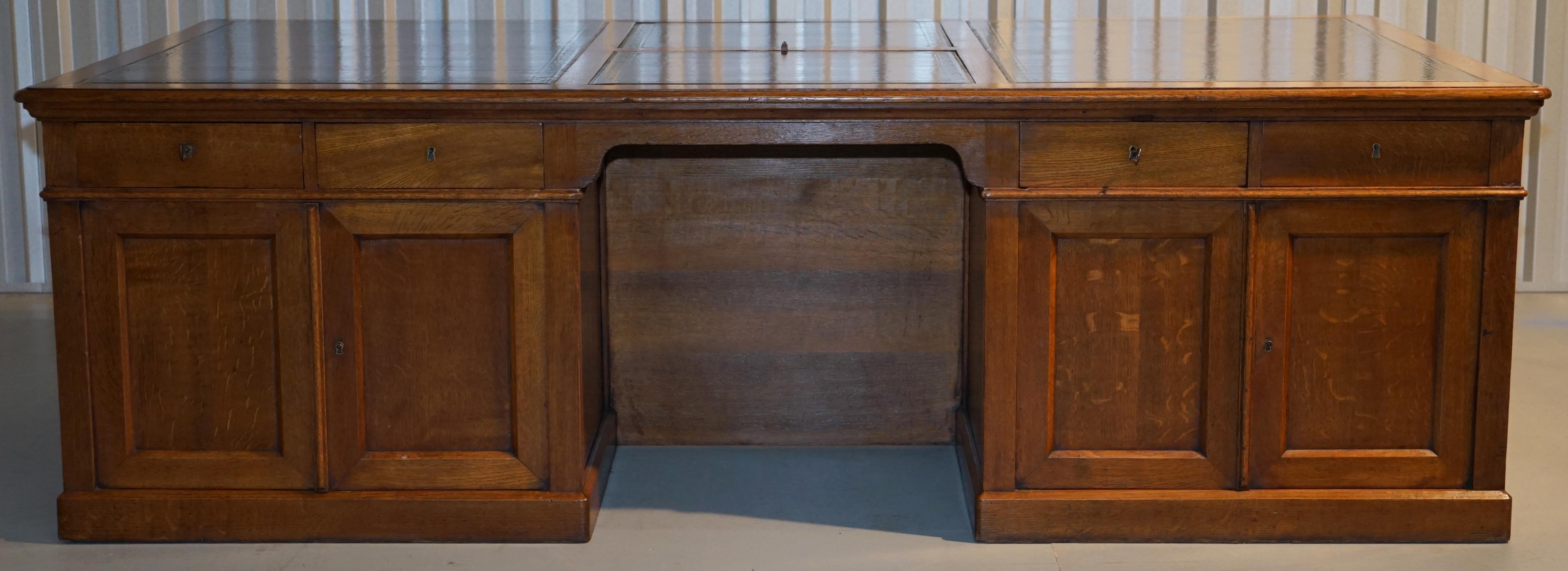 Rare Monumental Victorian Restored Oak Brown Leather Partner Desk Writing Slopes 1