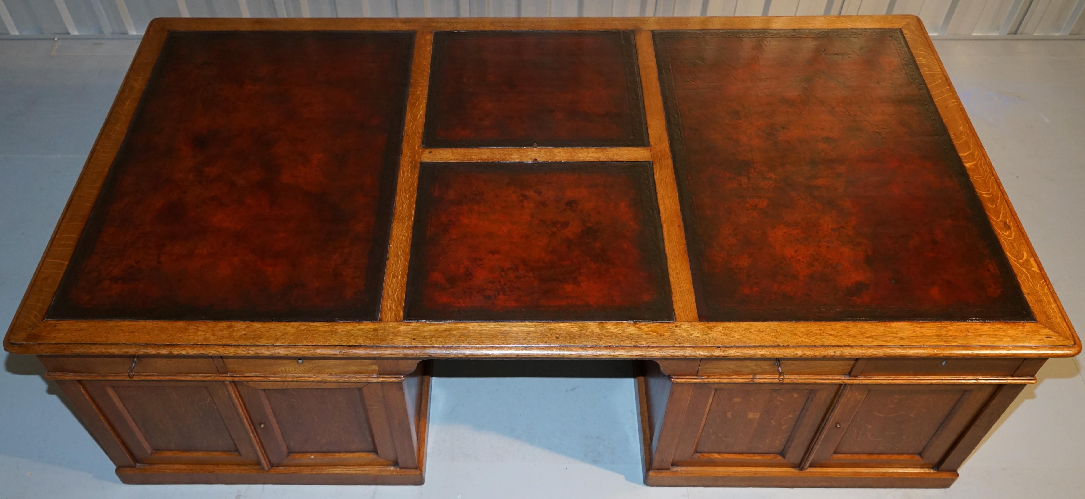 Rare Monumental Victorian Restored Oak Brown Leather Partner Desk Writing Slopes 3