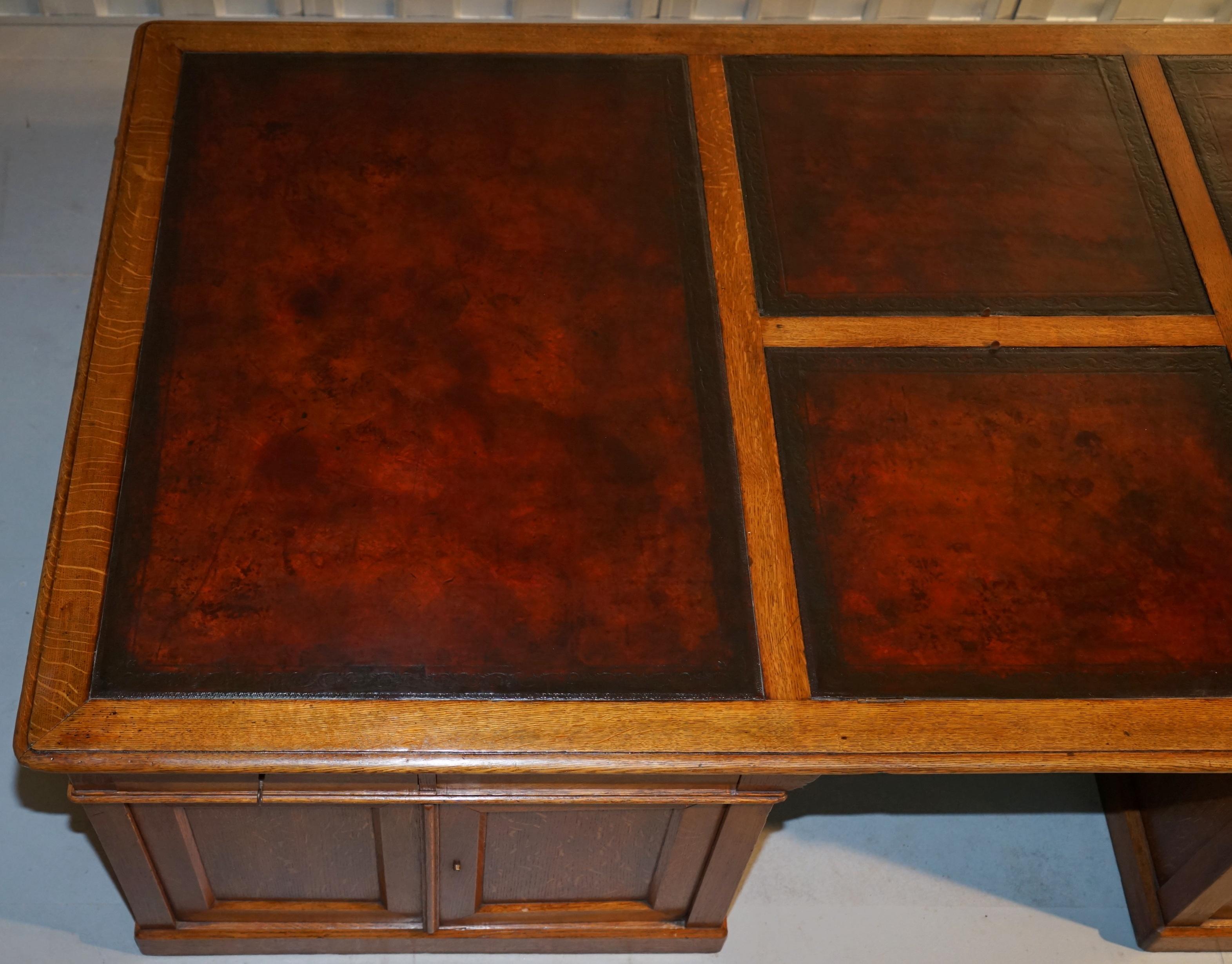 Rare Monumental Victorian Restored Oak Brown Leather Partner Desk Writing Slopes 4