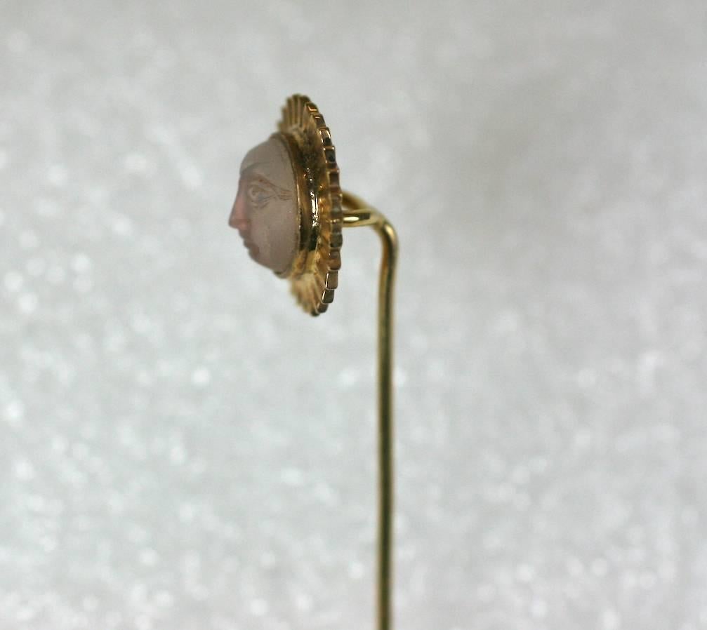 Rare Man in the Sun carved Moonstone Stickpin in 14k gold with fine detailing. A corrugated
gold 