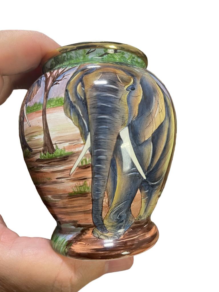 Contemporary RARE MOORCROFT ENAMEL miniature Vase Elephants at The Water Hole. UNIQUE .Boxed For Sale