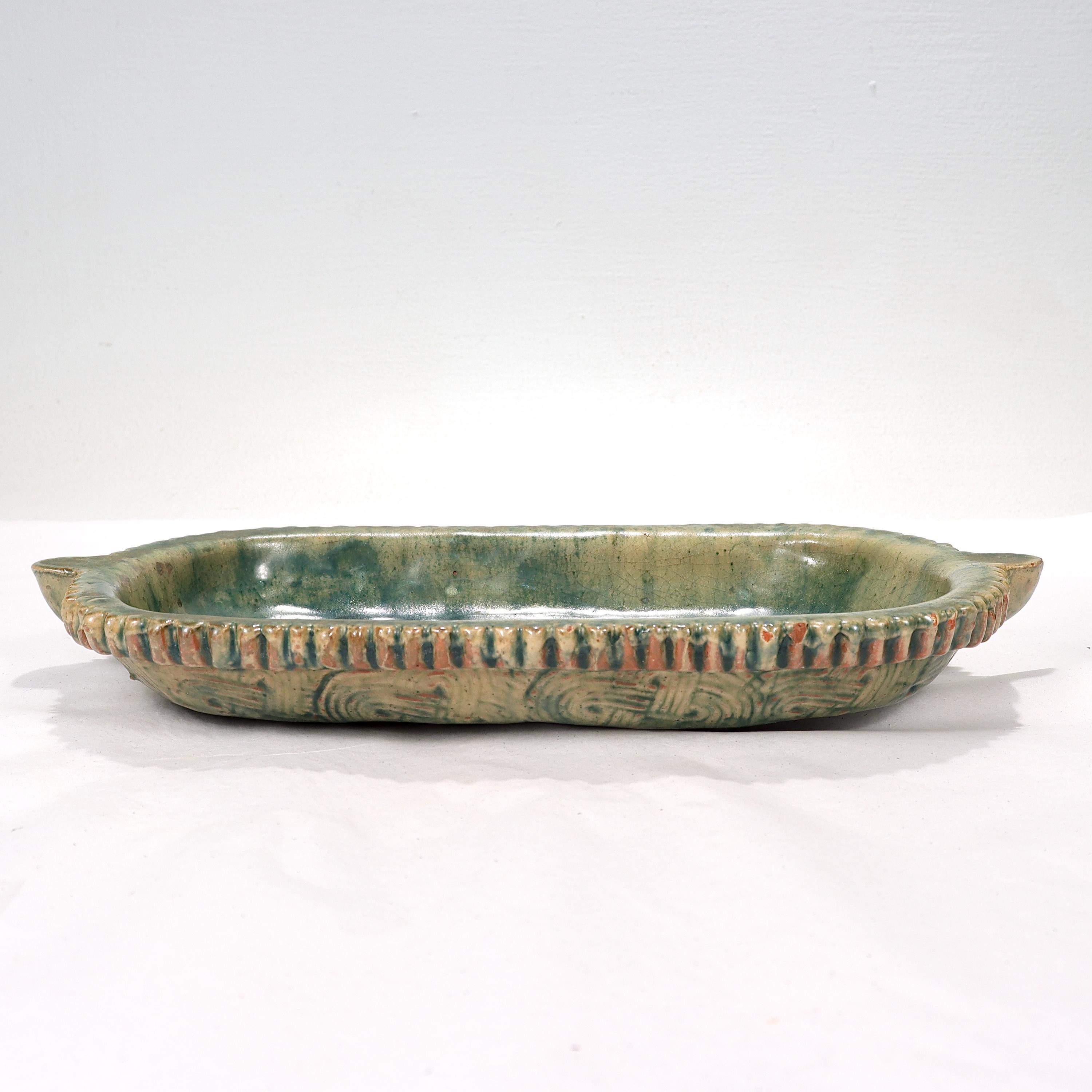 American Rare Moravian Pottery Works / Mercer Tile Company Low Bowl or Oblong Plate For Sale
