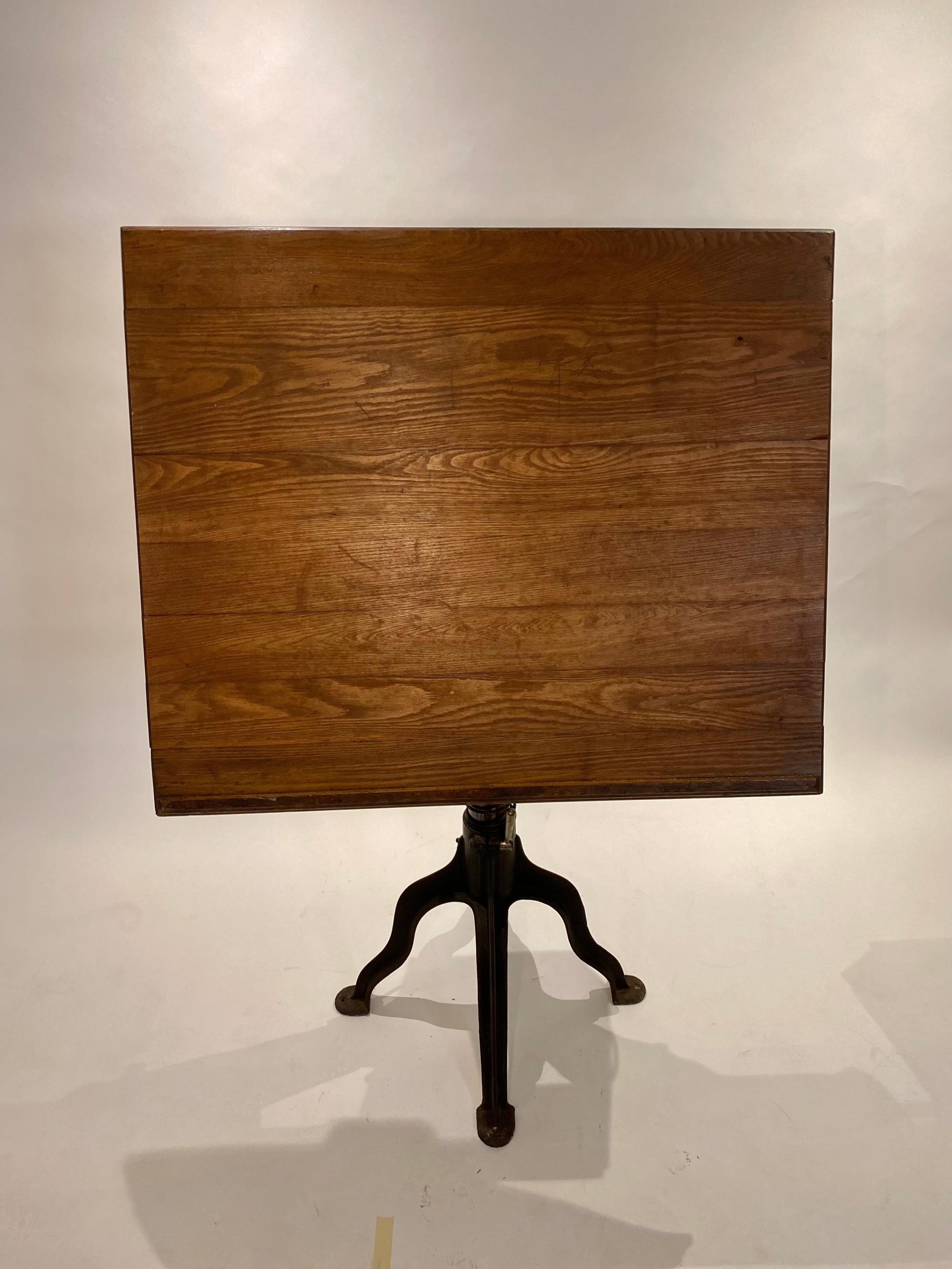 American Rare Morse Drafting Table, Cast Iron and Wood, with Seldom Seen Drawer