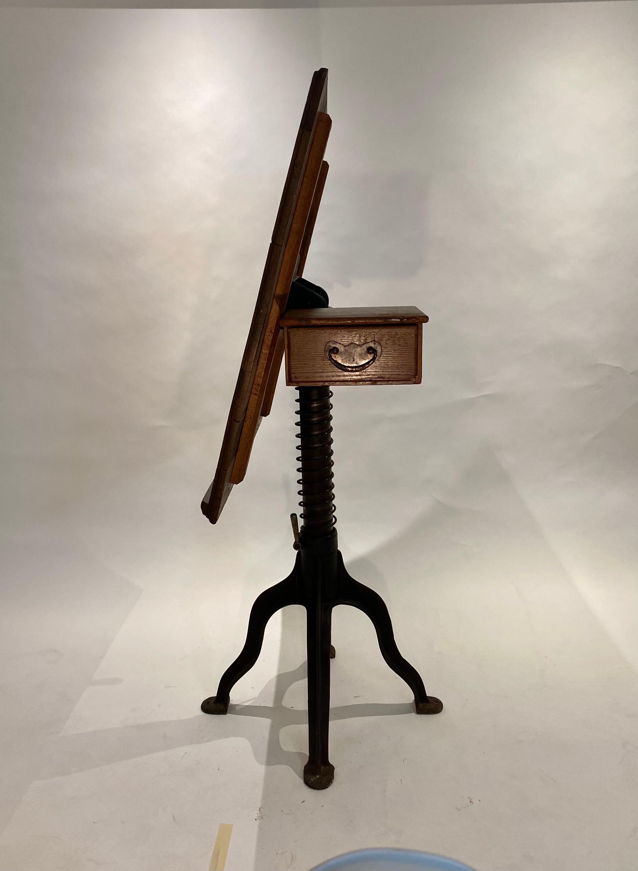 Rare Morse Drafting Table, Cast Iron and Wood, with Seldom Seen Drawer In Good Condition In Buffalo, NY