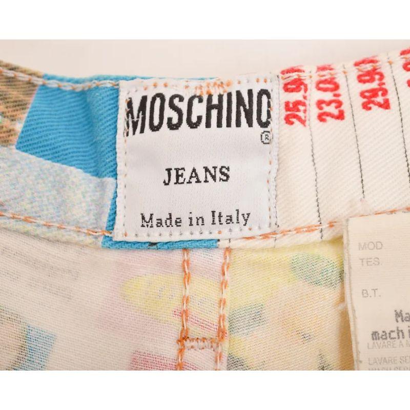 Rare Moschino 1990's Supermarket Advertising Slogan Colourful Patterned Jeans In Excellent Condition For Sale In Sheffield, GB
