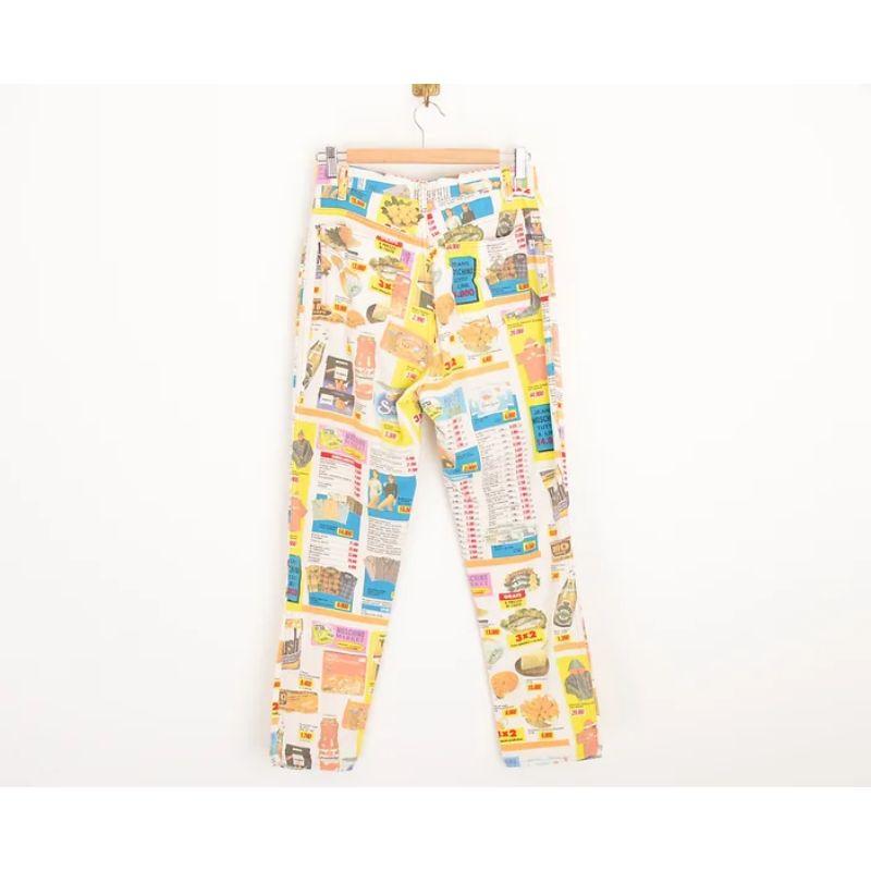 Women's Rare Moschino 1990's Supermarket Advertising Slogan Colourful Patterned Jeans For Sale
