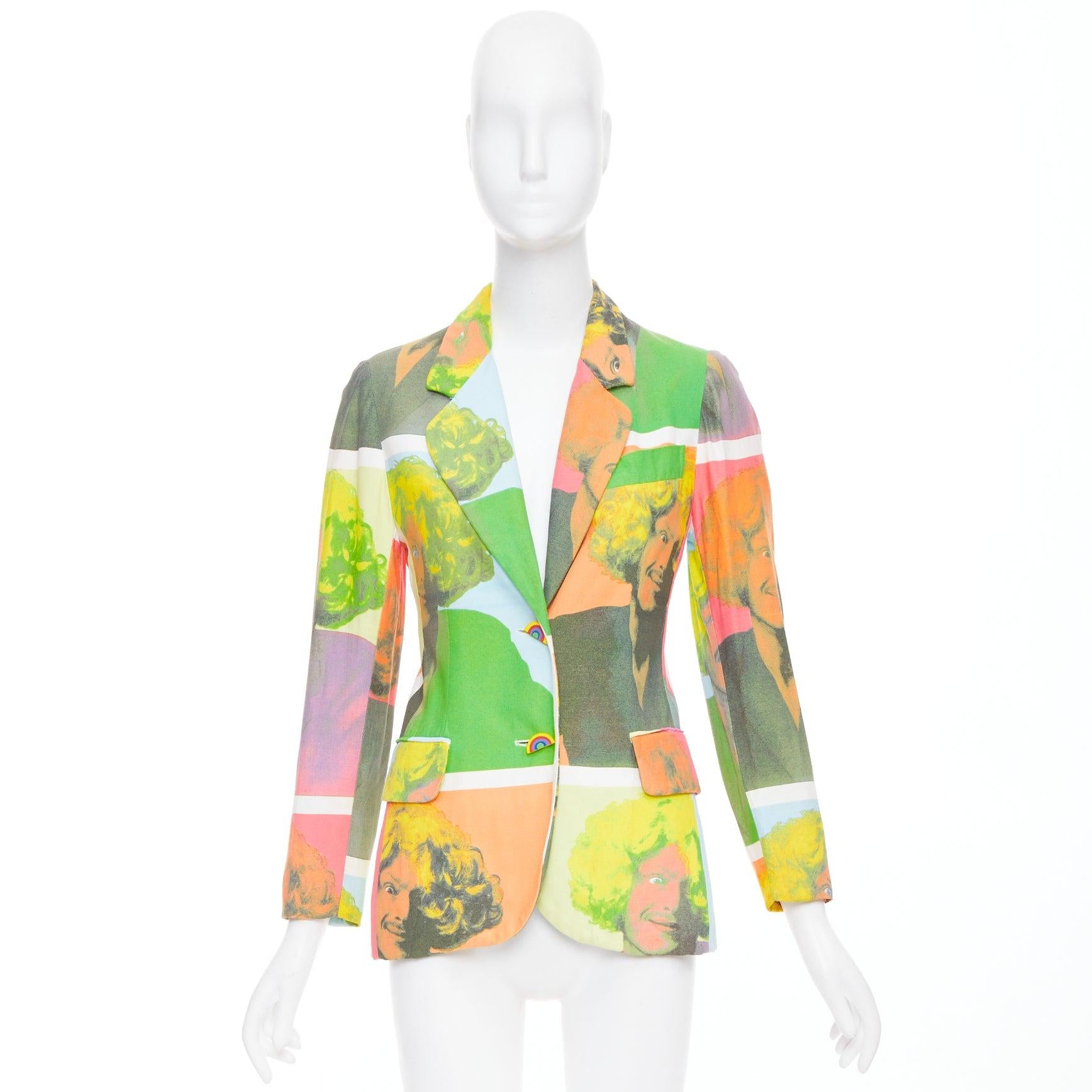 raro Moschino 1994 Runway Pop Art Self-Portrait blazer con bottoni arcobaleno IT38 XS in vendita 5