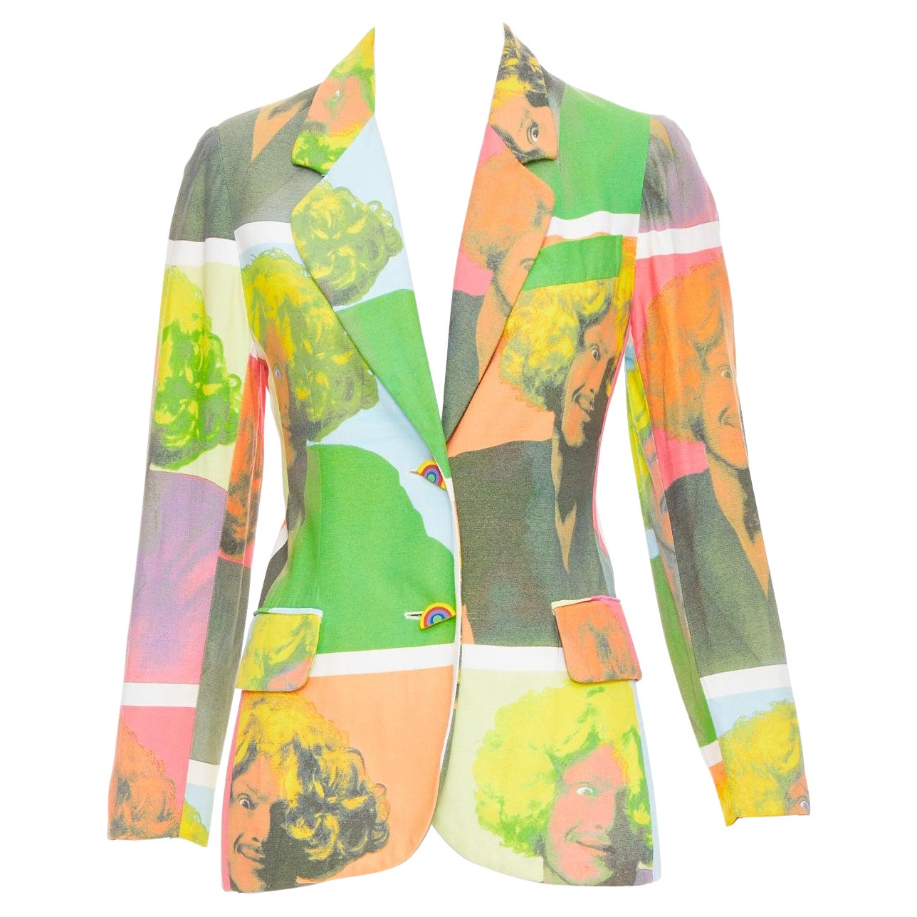 raro Moschino 1994 Runway Pop Art Self-Portrait blazer con bottoni arcobaleno IT38 XS in vendita