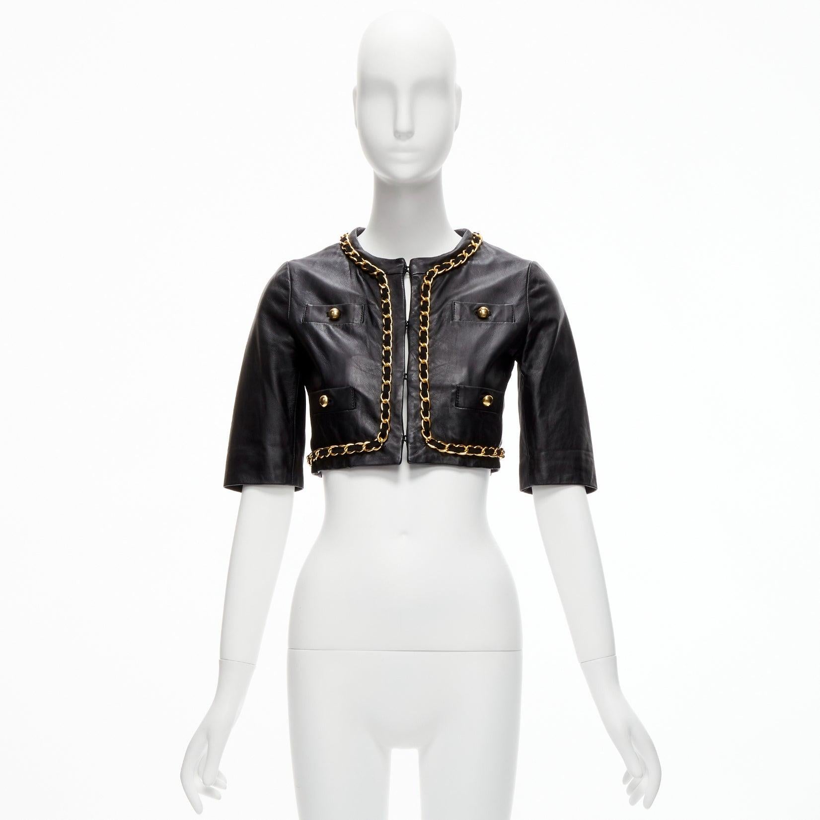 rare MOSCHINO Cheap Chic gold chain black quilted leather cropped jacket IT38 XS For Sale 5