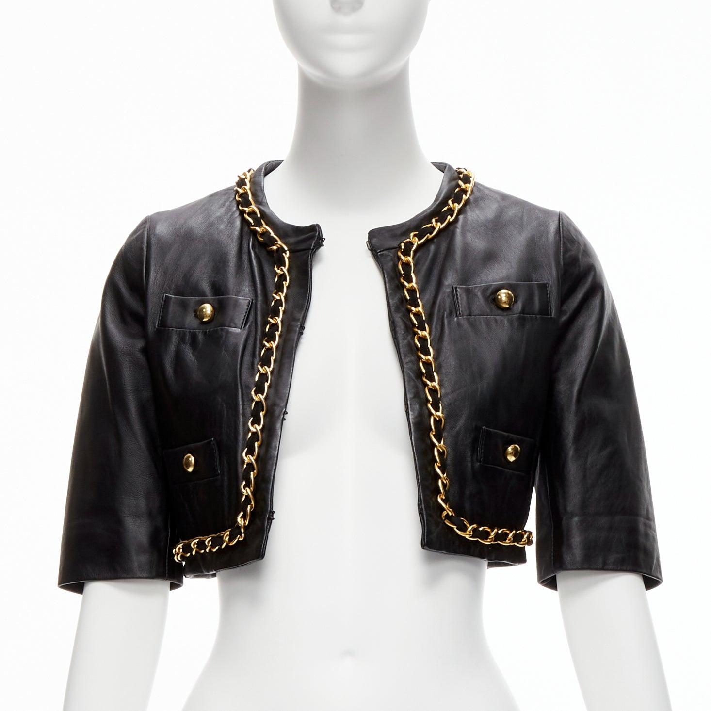 rare MOSCHINO Cheap Chic gold chain black quilted leather cropped jacket IT38 XS In Good Condition For Sale In Hong Kong, NT
