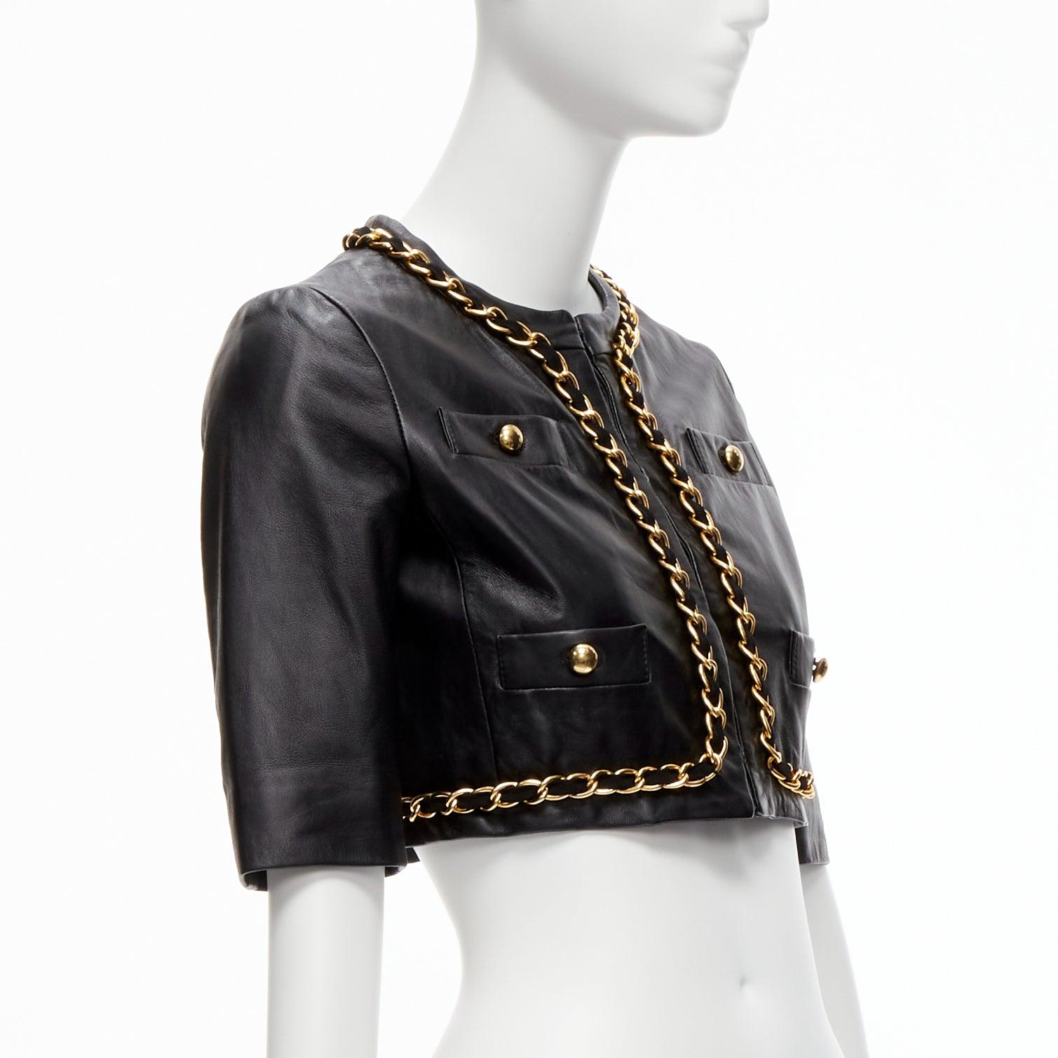 rare MOSCHINO Cheap Chic gold chain black quilted leather cropped jacket IT38 XS In Good Condition For Sale In Hong Kong, NT