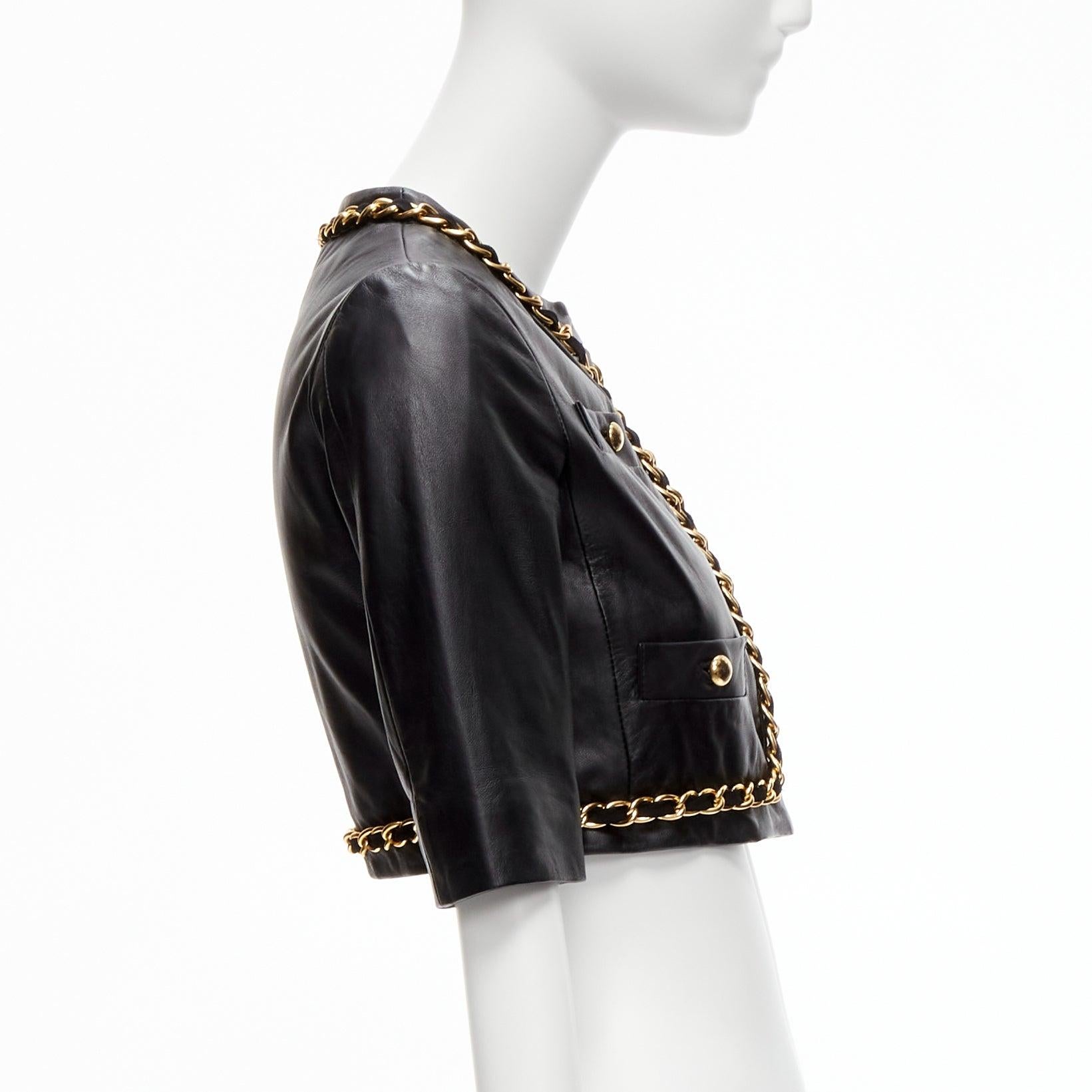 rare MOSCHINO Cheap Chic gold chain black quilted leather cropped jacket IT38 XS For Sale 1