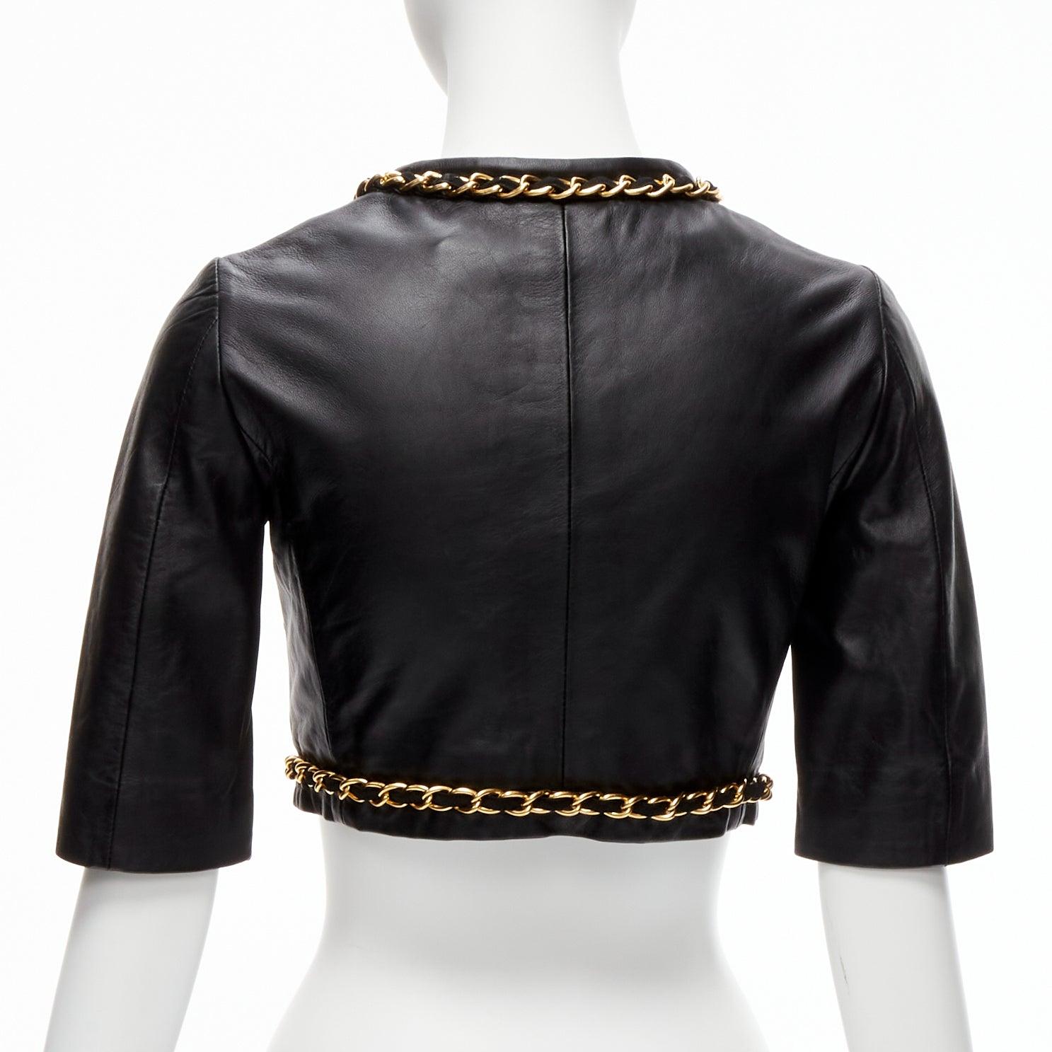 rare MOSCHINO Cheap Chic gold chain black quilted leather cropped jacket IT38 XS For Sale 1