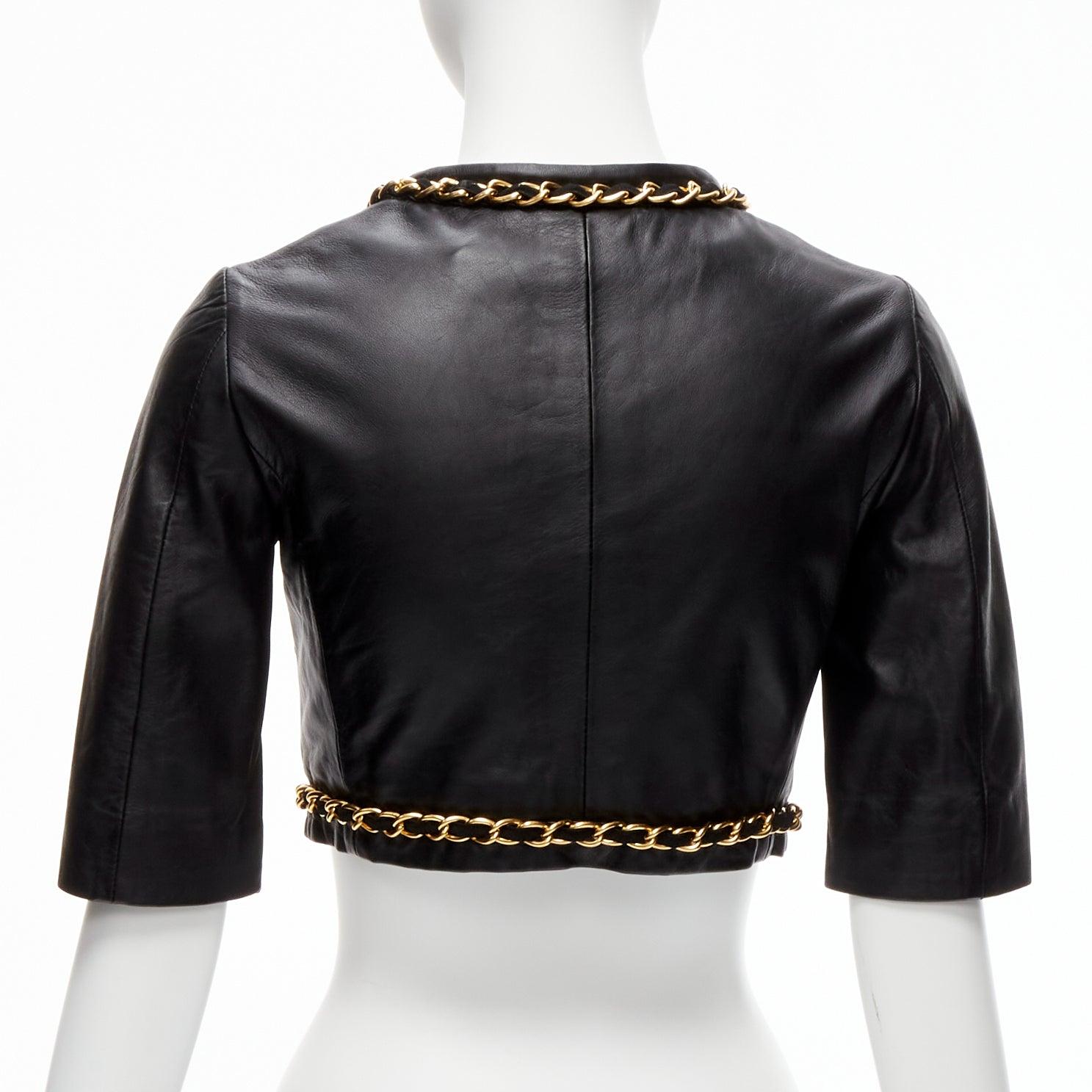rare MOSCHINO Cheap Chic gold chain black quilted leather cropped jacket IT38 XS For Sale 2