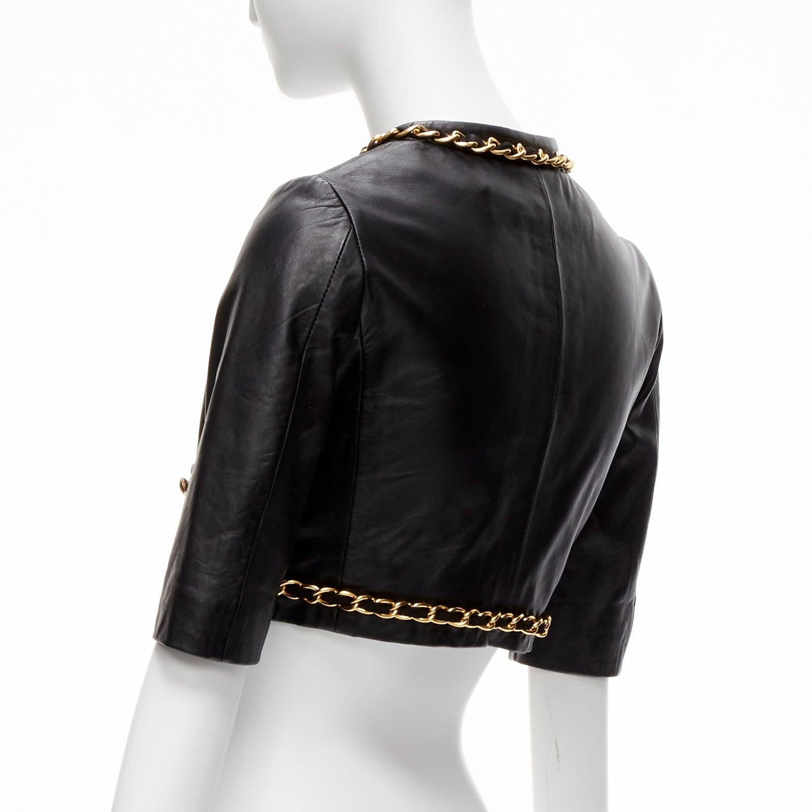 rare MOSCHINO Cheap Chic gold chain black quilted leather cropped jacket IT38 XS For Sale 2