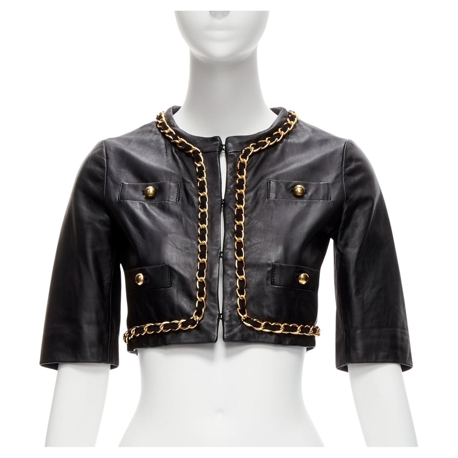 rare MOSCHINO Cheap Chic gold chain black quilted leather cropped jacket IT38 XS For Sale