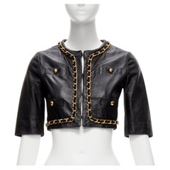 rare MOSCHINO Cheap Chic gold chain black quilted leather cropped jacket IT38 XS