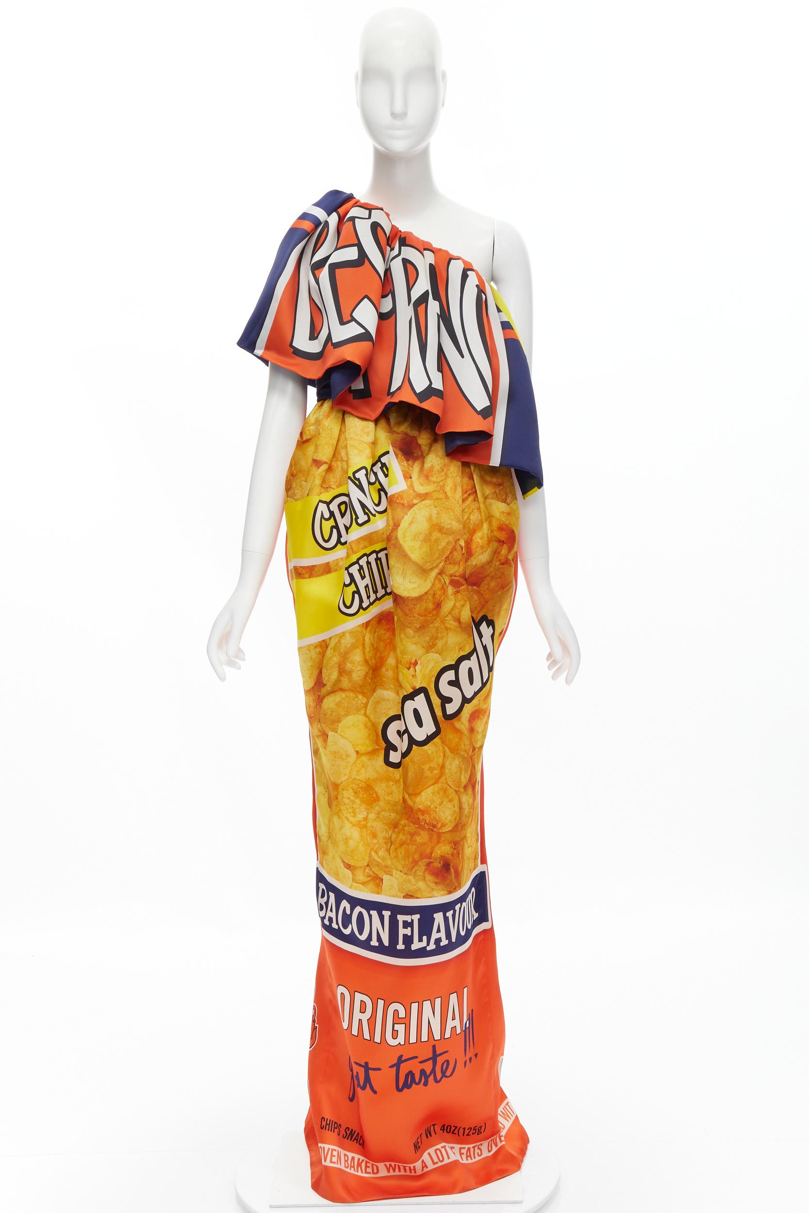 rare MOSCHINO Couture! 2014 Junk Food Potato Chip ruffle one shoulder gown dress For Sale 3
