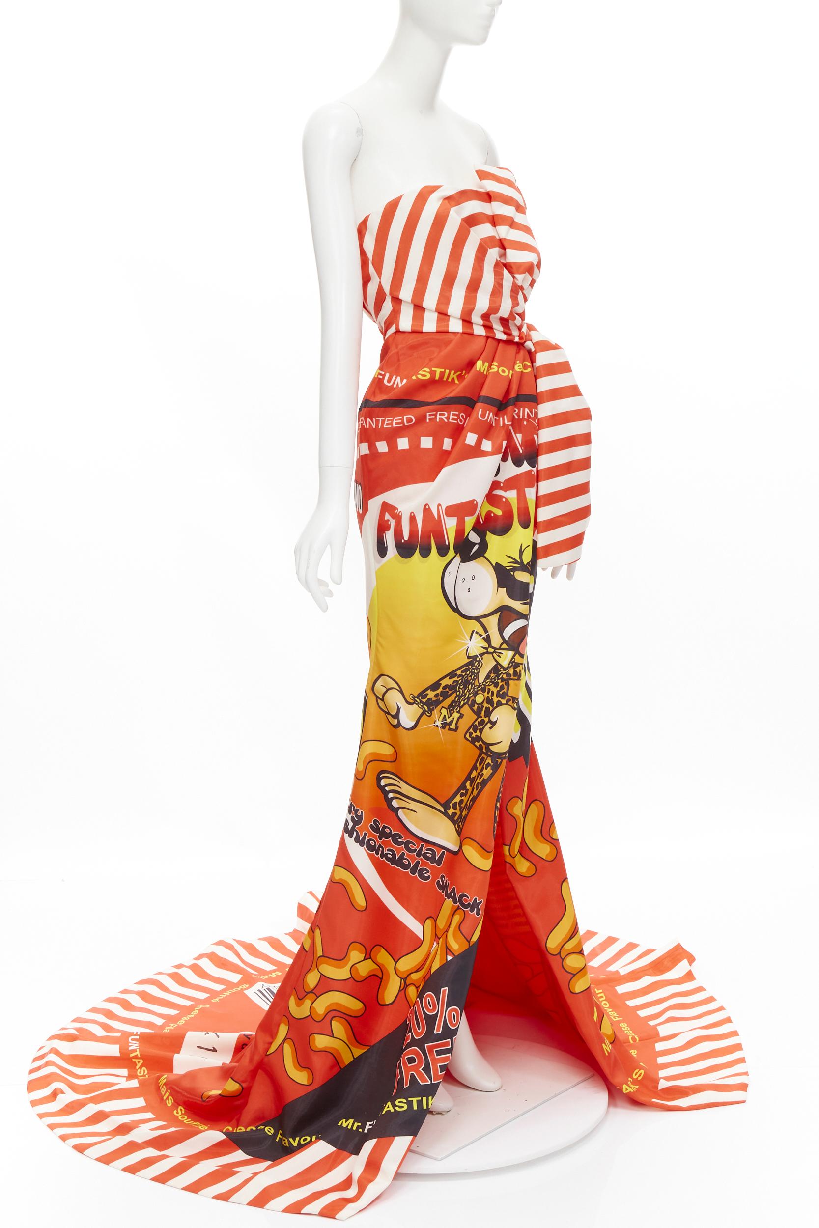 rare MOSCHINO Couture ! 2014 Runway orange Cheetos Junk Food robe à nœud imprimé IT38  Neuf - En vente à Hong Kong, NT