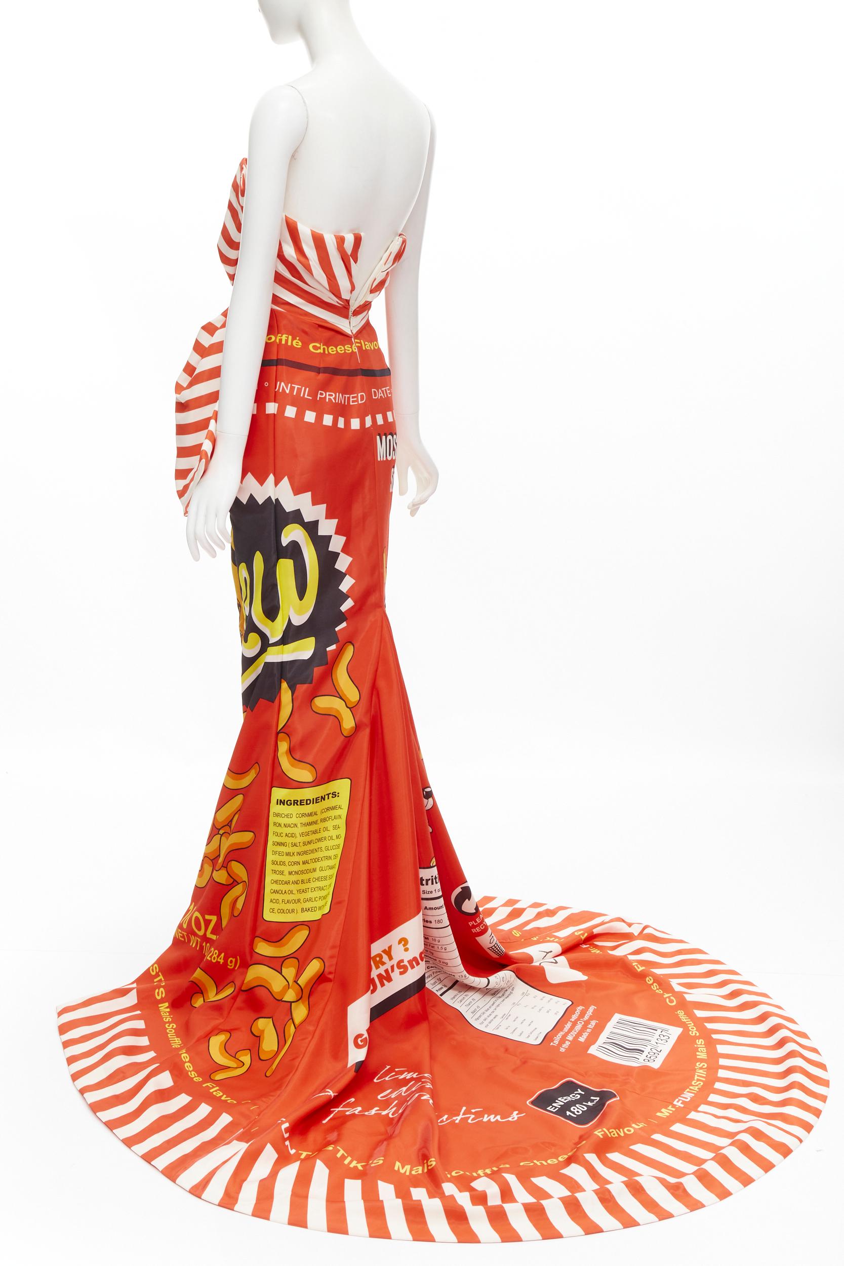 Beige rare MOSCHINO Couture! 2014 Runway orange Cheetos Junk Food print bow gown IT38  For Sale