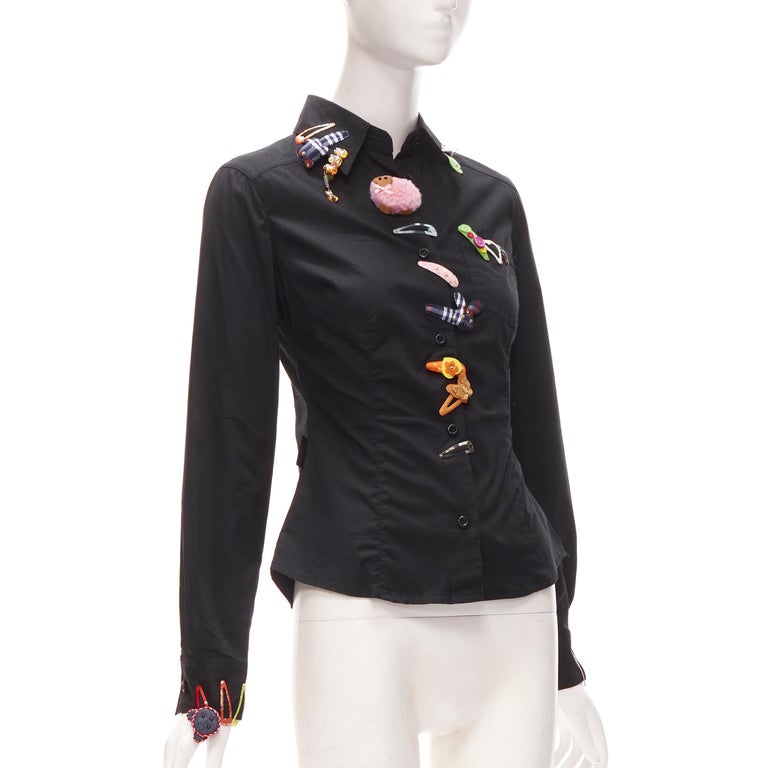 rare MOSCHINO JEANS Vintage black cotton hair clip embellished shirt IT38 XS In Excellent Condition In Hong Kong, NT