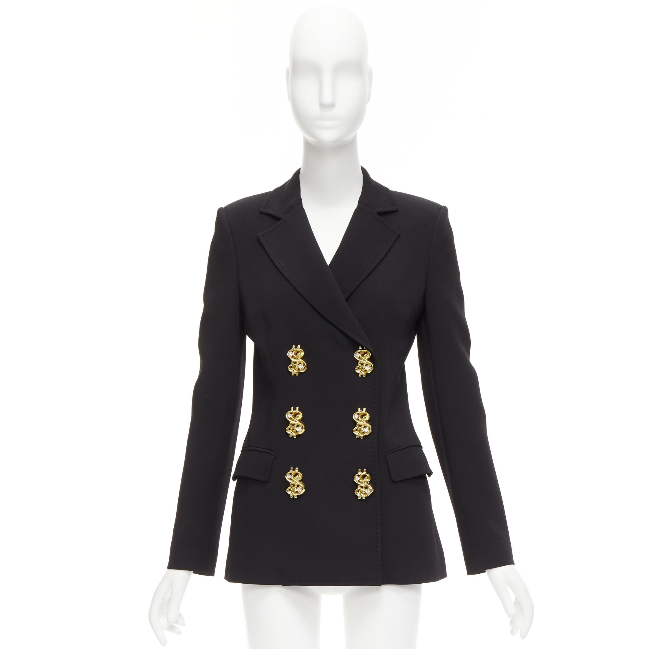 rare MOSCHINO Runway black gold crystal dollar sign button blazer jacket IT40 S For Sale 6