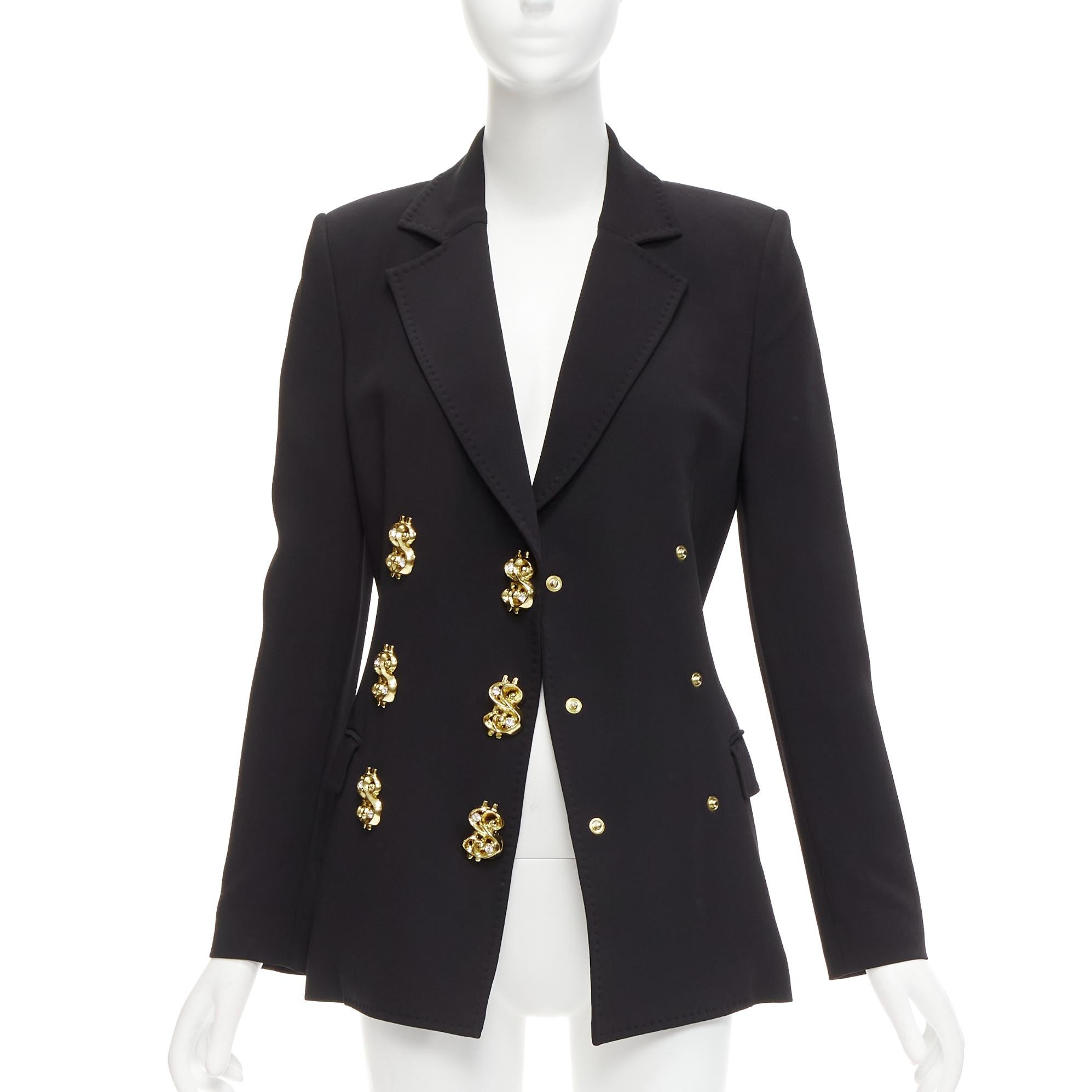 rare MOSCHINO Runway black gold crystal dollar sign button blazer jacket IT40 S In Excellent Condition For Sale In Hong Kong, NT