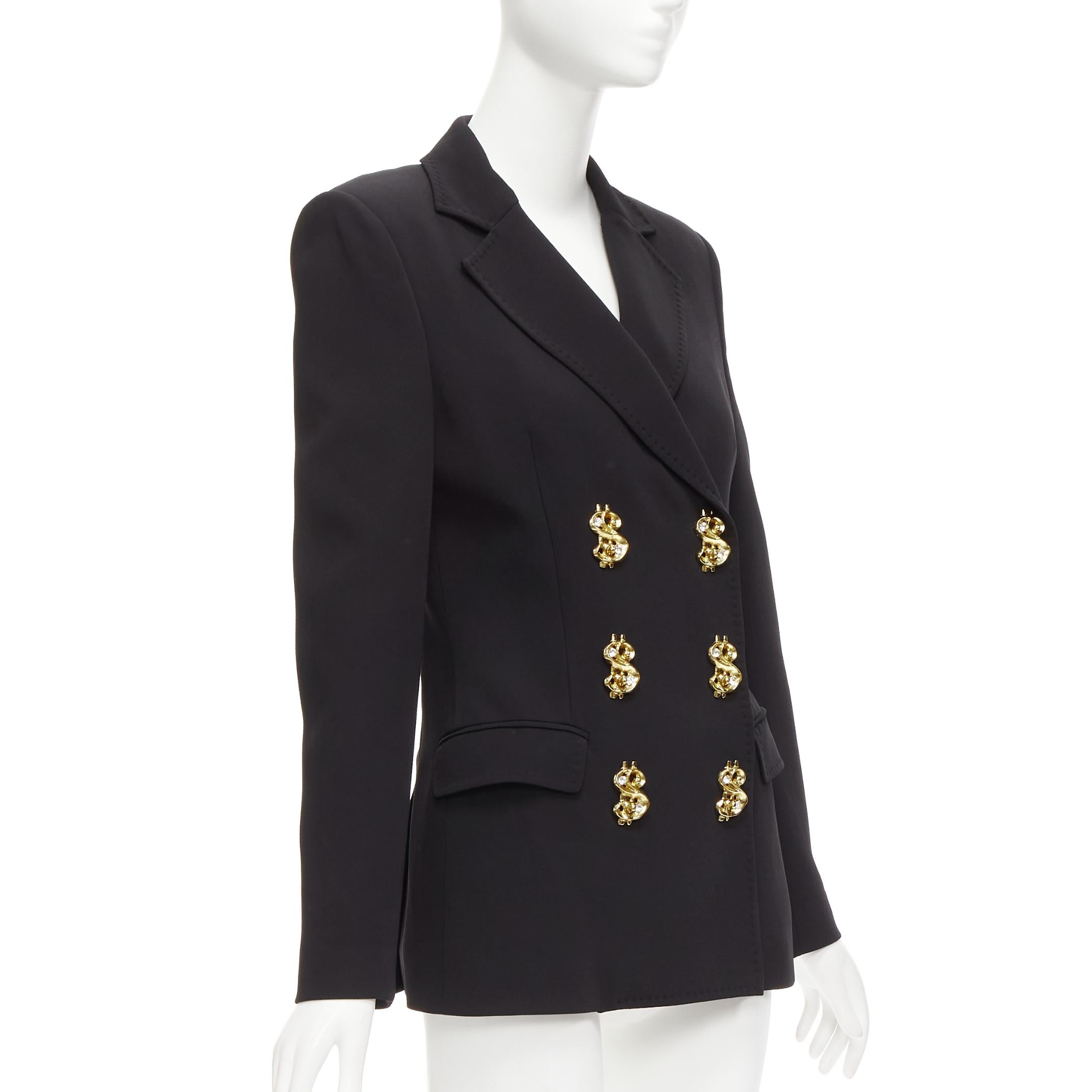 Women's rare MOSCHINO Runway black gold crystal dollar sign button blazer jacket IT40 S For Sale