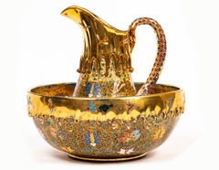 Rare Moser Amber Crystal Pitcher & Basin w/ Enameled Dragon & Salamander Handle